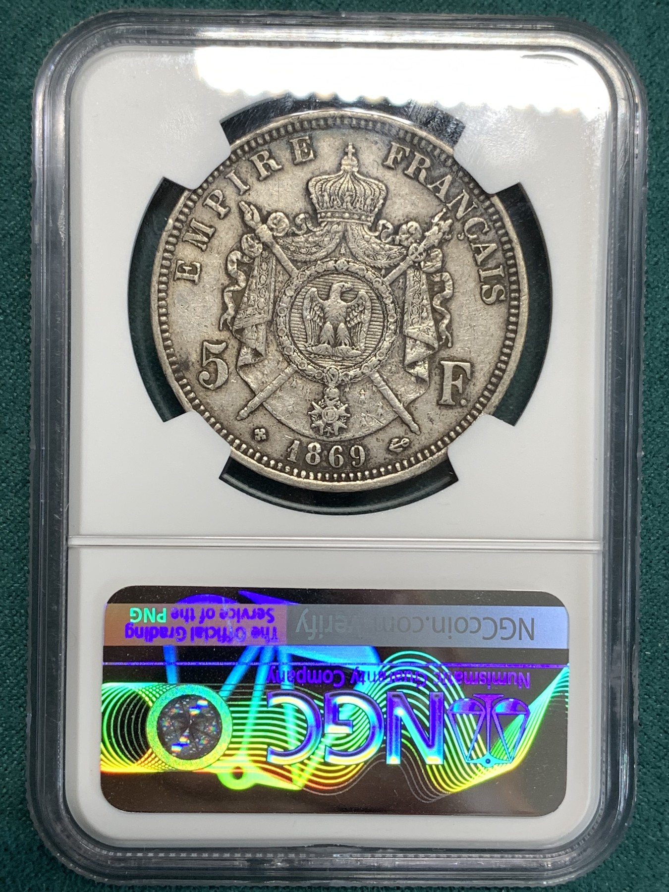 《竞宝斋》第186场-周日，周一 2场 (全场包邮) NGC XF45法国 1869年 拿三 5法郎银币 细节状态都不错 早期年份