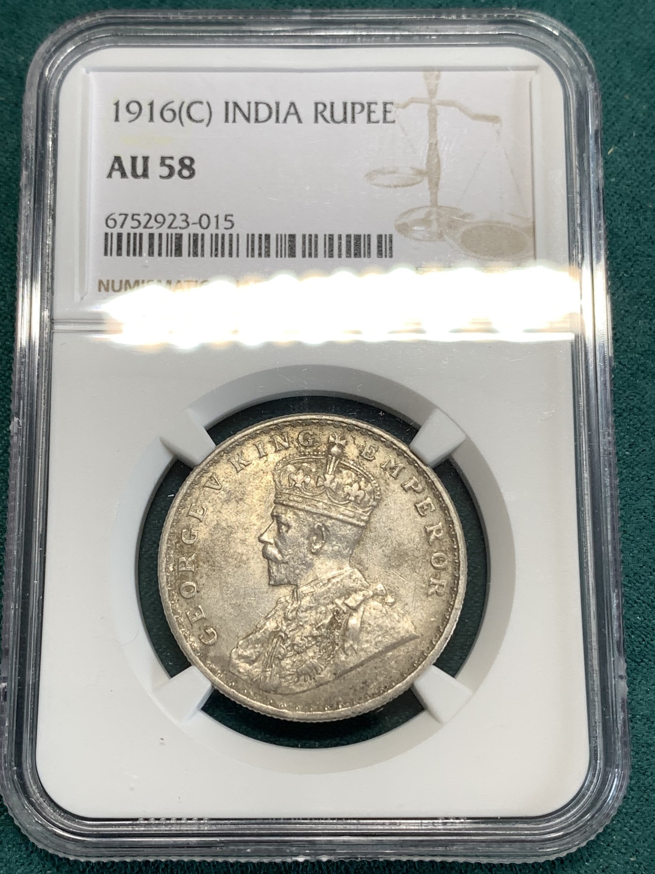 《竞宝斋》第186场-周日，周一 2场 (全场包邮) NGC AU58 印度 乔五 1916C 1卢比 银币 原味包浆 不错状态