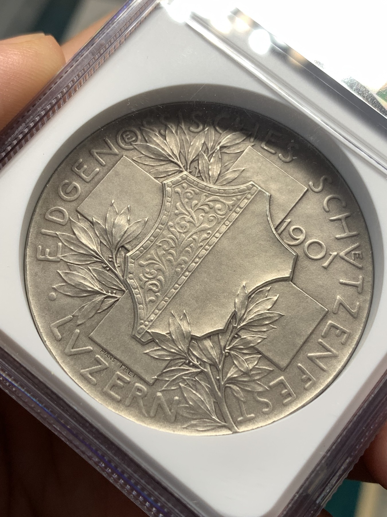 《竞宝斋》第186场-周日，周一 2场 (全场包邮) NGC-MS64 1901年卢塞恩瑞士射击节银章  高分好品相的射击节奖章比较难得 加厚盒装