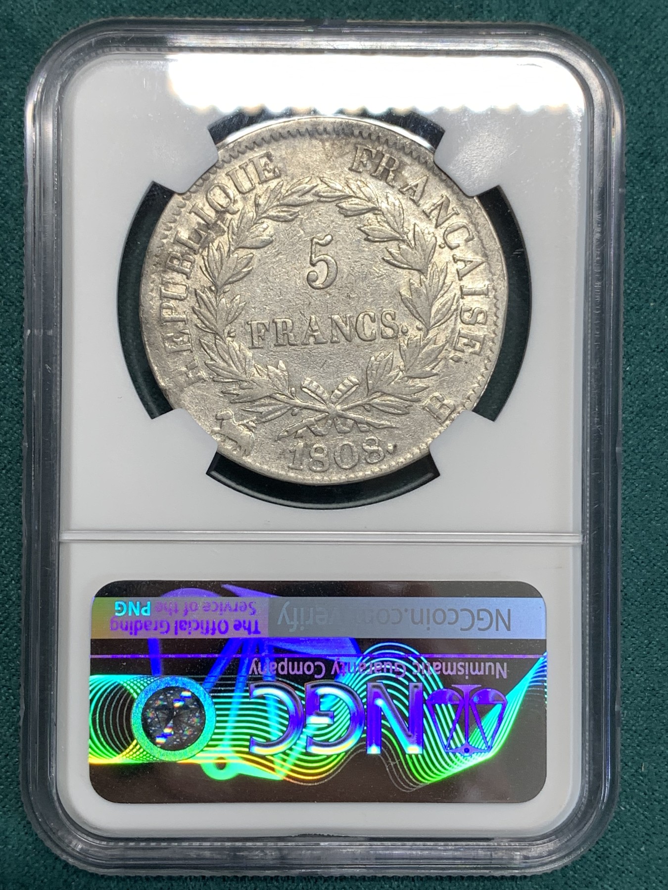 《竞宝斋》第186场-周日，周一 2场 (全场包邮) NGC VF 法国1808年 拿破仑一世 5法郎银币 不多的年份 B厂也少见