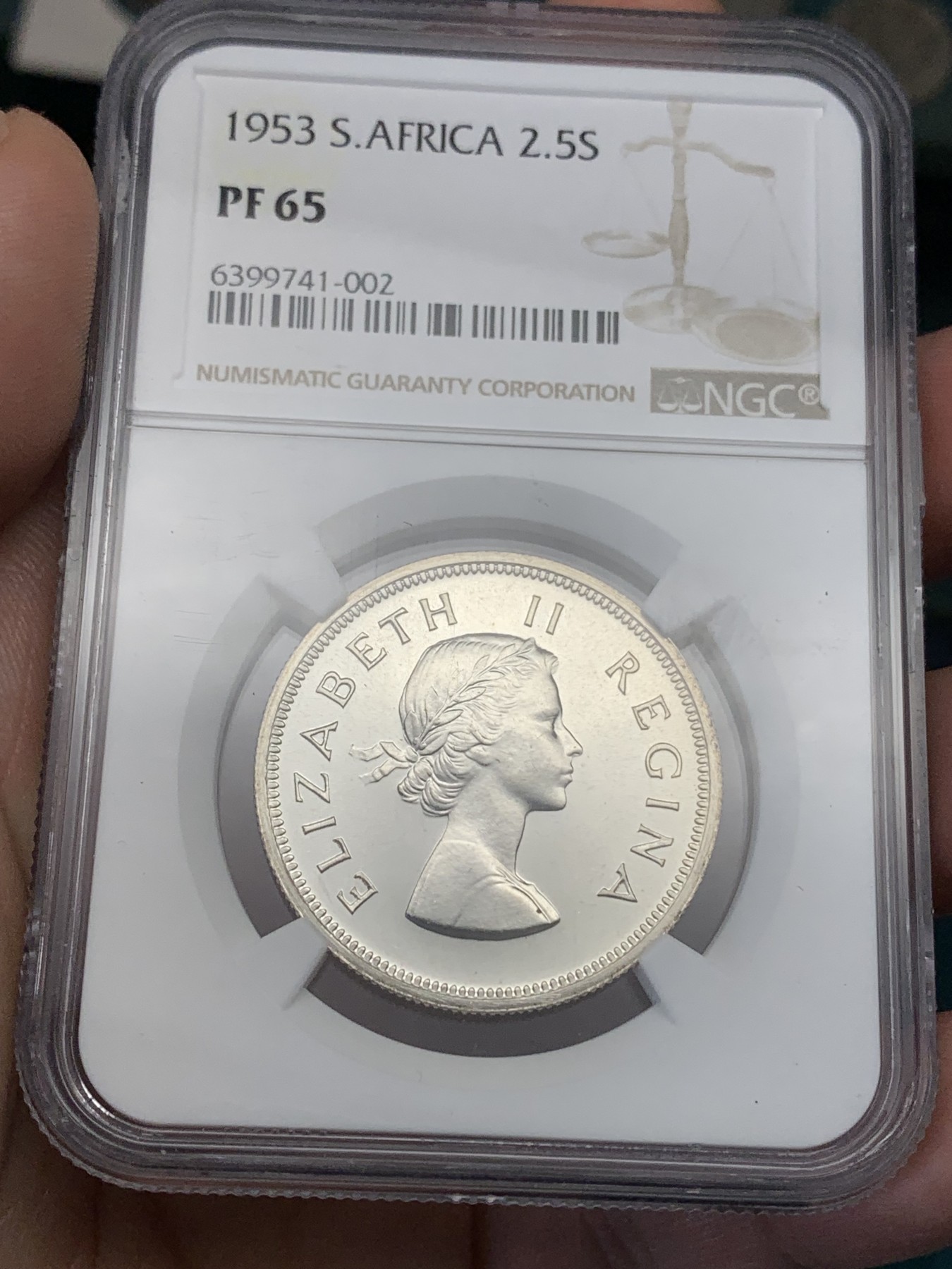 《竞宝斋》第186场-周日，周一 2场 (全场包邮) NGC-PF65 1953年南非伊丽莎白二世加冕首年半克朗精制银币