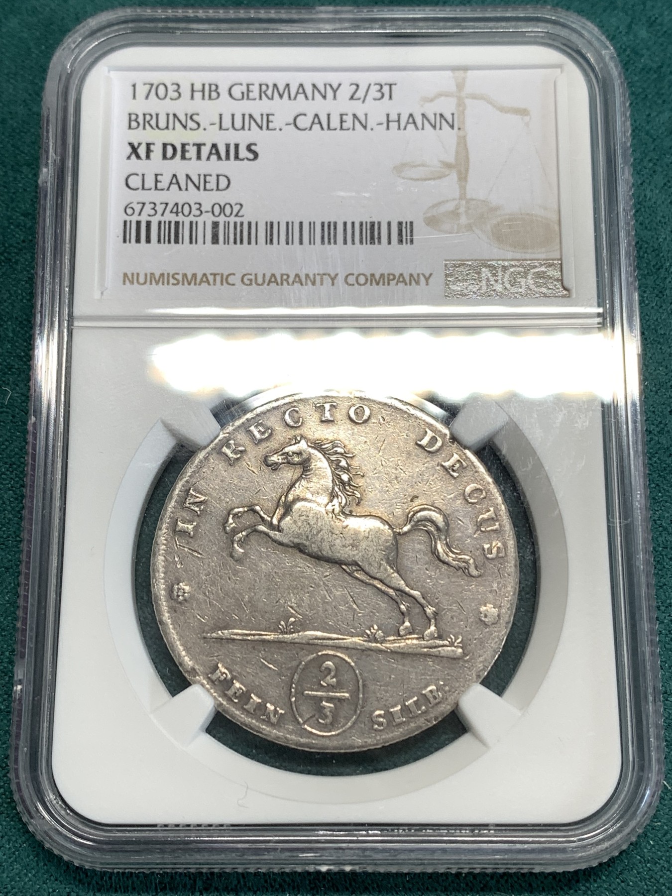 《竞宝斋》第186场-周日，周一 2场 (全场包邮) NGC XF 德国 不伦瑞克1703年2/3奔马泰勒银币 等同于后期1泰勒银币