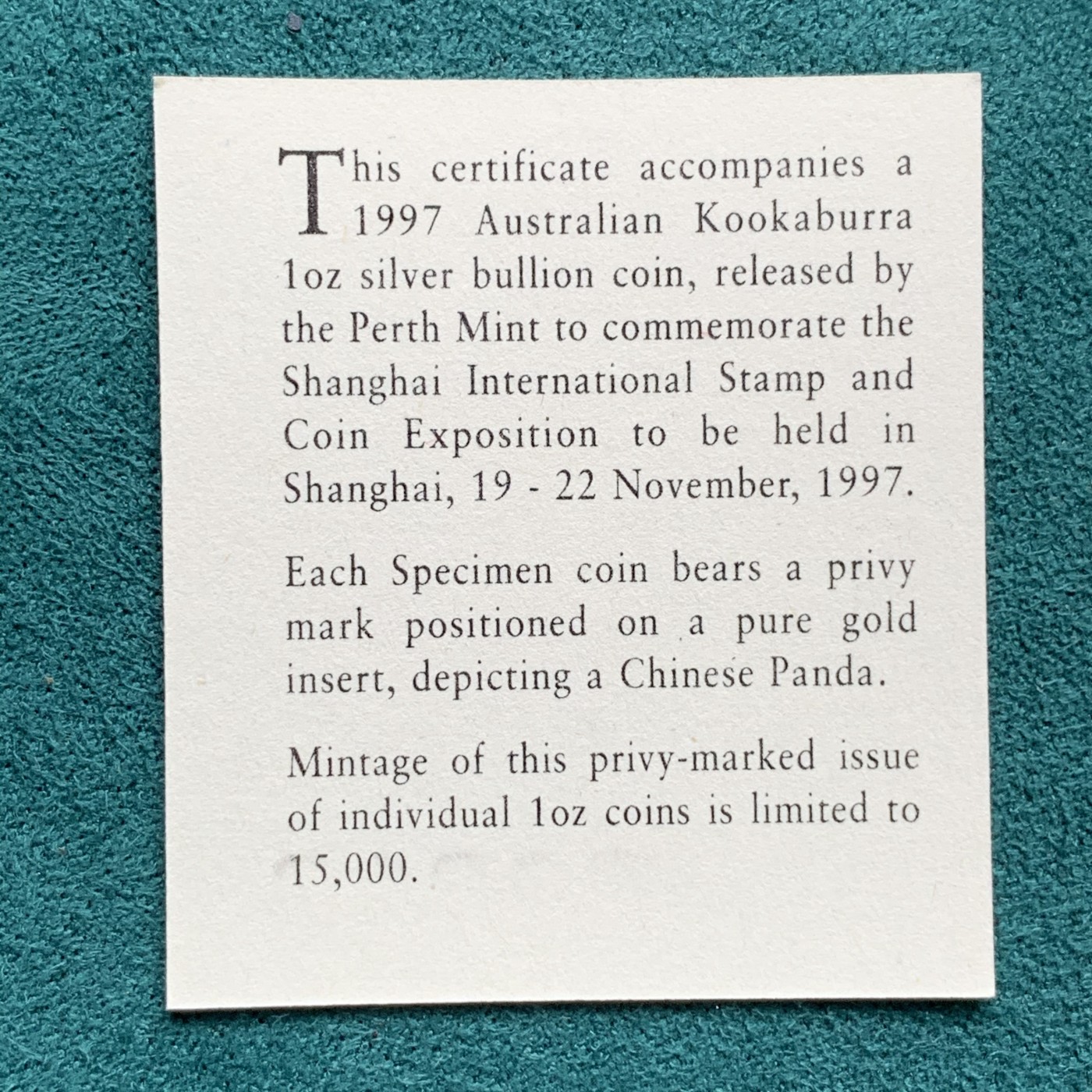 《竞宝斋》第186场-周日，周一 2场 (全场包邮) 澳大利亚 1997年 翠鸟 密印金熊猫1盎司银币 999银 31.1克 带盒证 1币1证 1.5W的量 少见品种