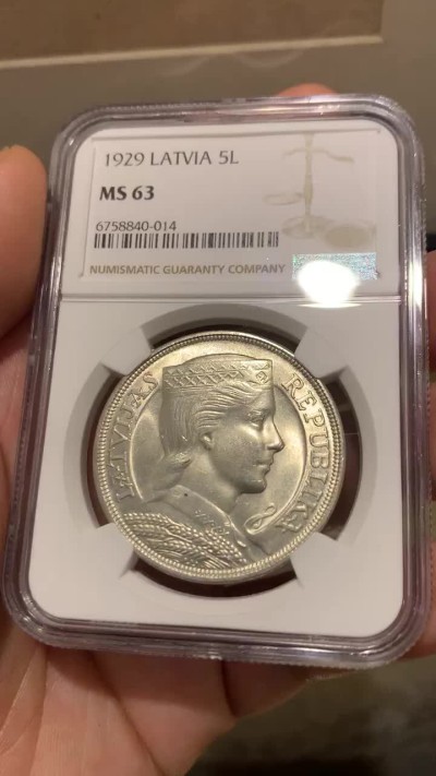 《竞宝斋》第186场-周日，周一 2场 (全场包邮) NGC-MS63 拉脱维亚1929年少女头像5拉特银币 63分已经不多见了，还是1929
