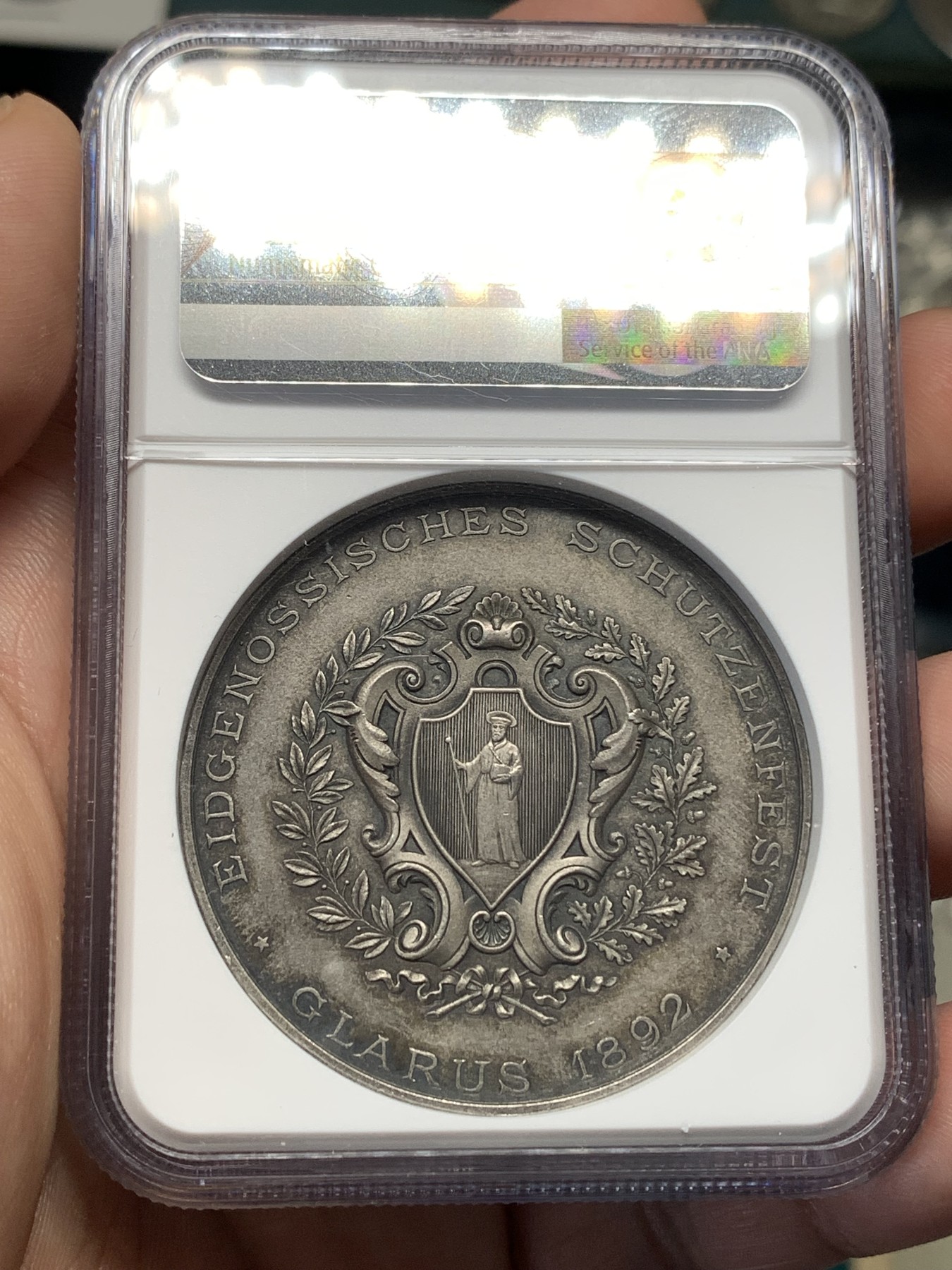 《竞宝斋》第186场-周日，周一 2场 (全场包邮) NGC-MS61 1892年格拉鲁斯瑞士射击节银章 品相很好 属于瑞士射击节中的精品银章 加厚盒装