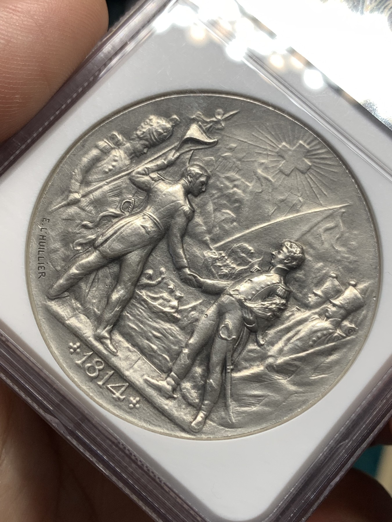 《竞宝斋》第186场-周日，周一 2场 (全场包邮) NGC-MS62 瑞士 1914年 日内瓦射击节 45mm 大银章 设计漂亮 细节满满