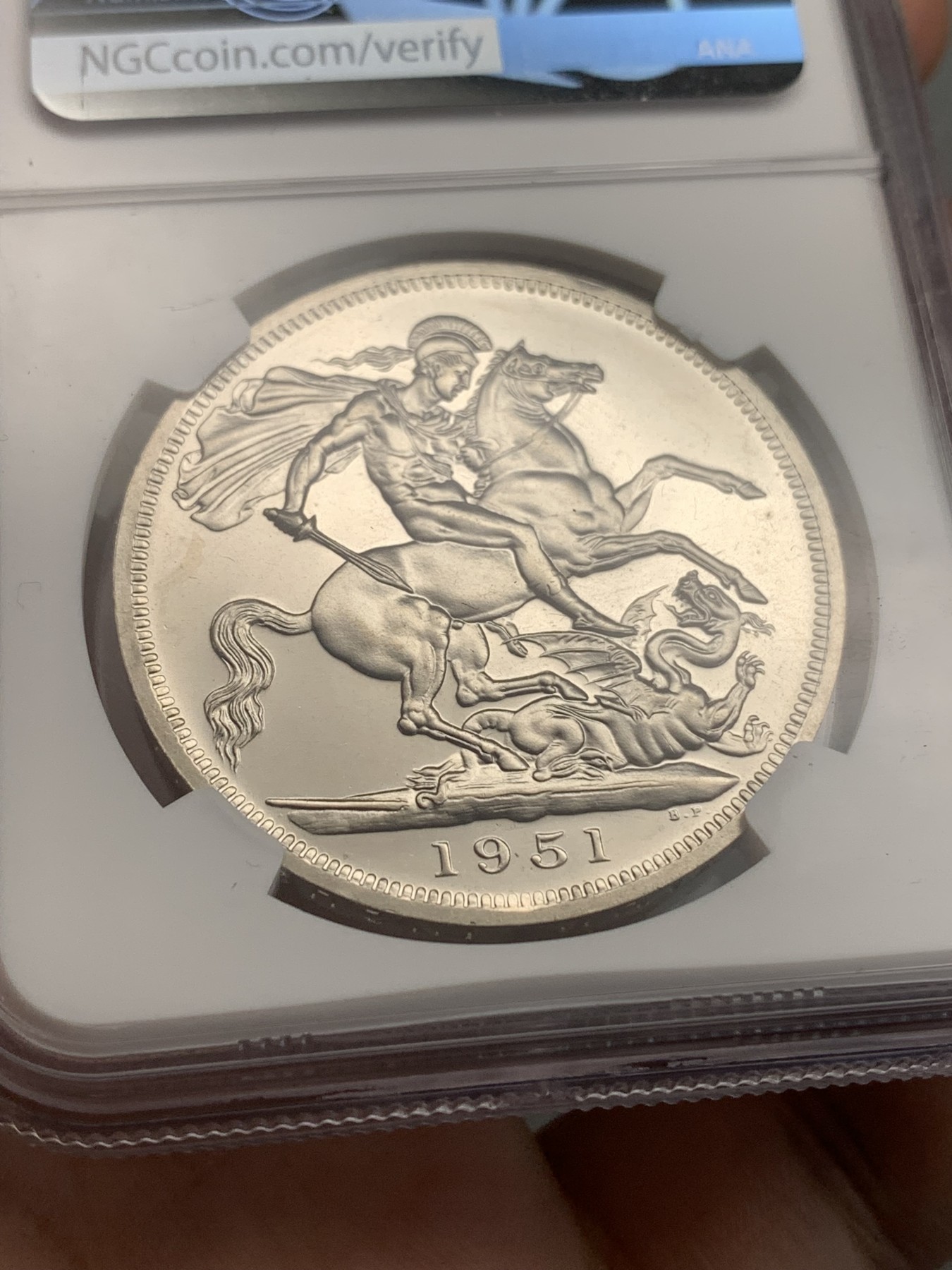 《竞宝斋》第186场-周日，周一 2场 (全场包邮) NGC-PL63 英国 1951年 1克朗 乔治六世 最后的马剑 镜面底板 品相好 非常靓