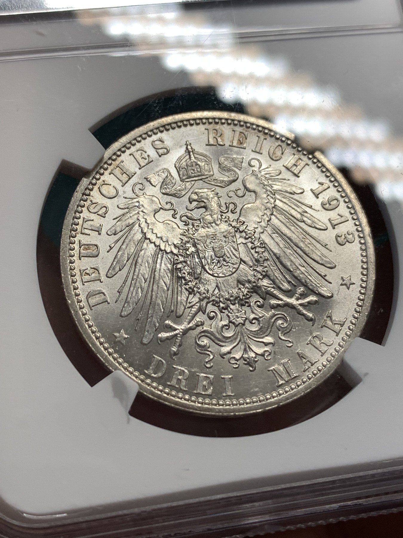 《竞宝斋》第186场-周日，周一 2场 (全场包邮) NGC-MS62 德国1913年 普鲁士 威廉二世登基25周年纪念3马克银币，转光极强