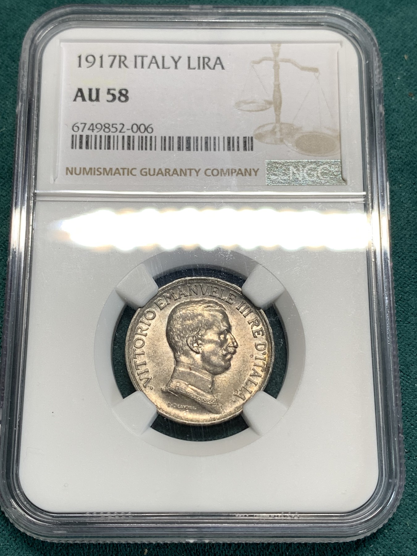 《竞宝斋》第186场-周日，周一 2场 (全场包邮) NGC AU58 1917年意大利马车1里拉银币，带彩包浆十分精美