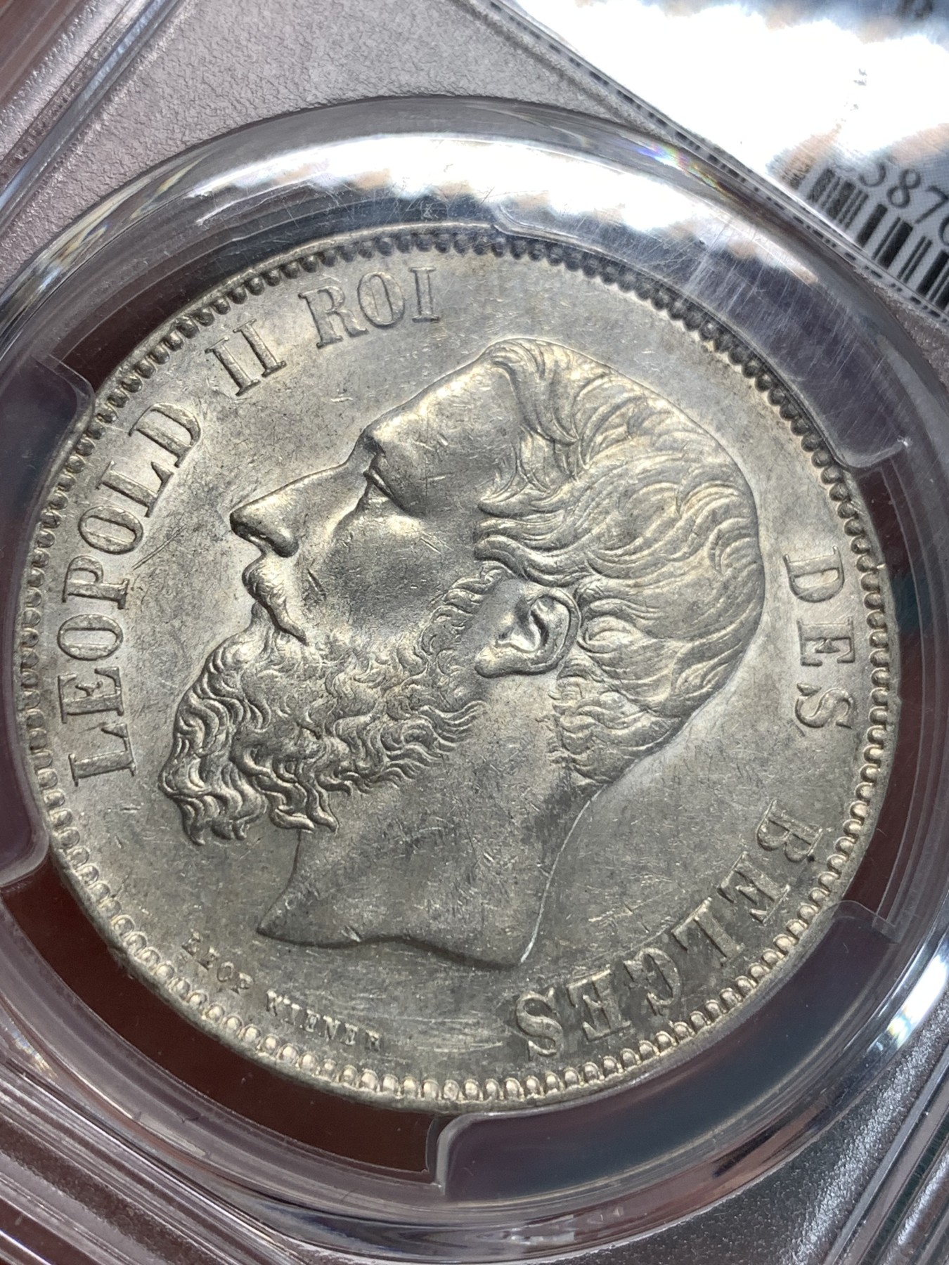 《竞宝斋》第186场-周日，周一 2场 (全场包邮) PCGS AU58 1876年比利时利奥波德二世5法郎 原光 光度一流 严评 少见年份