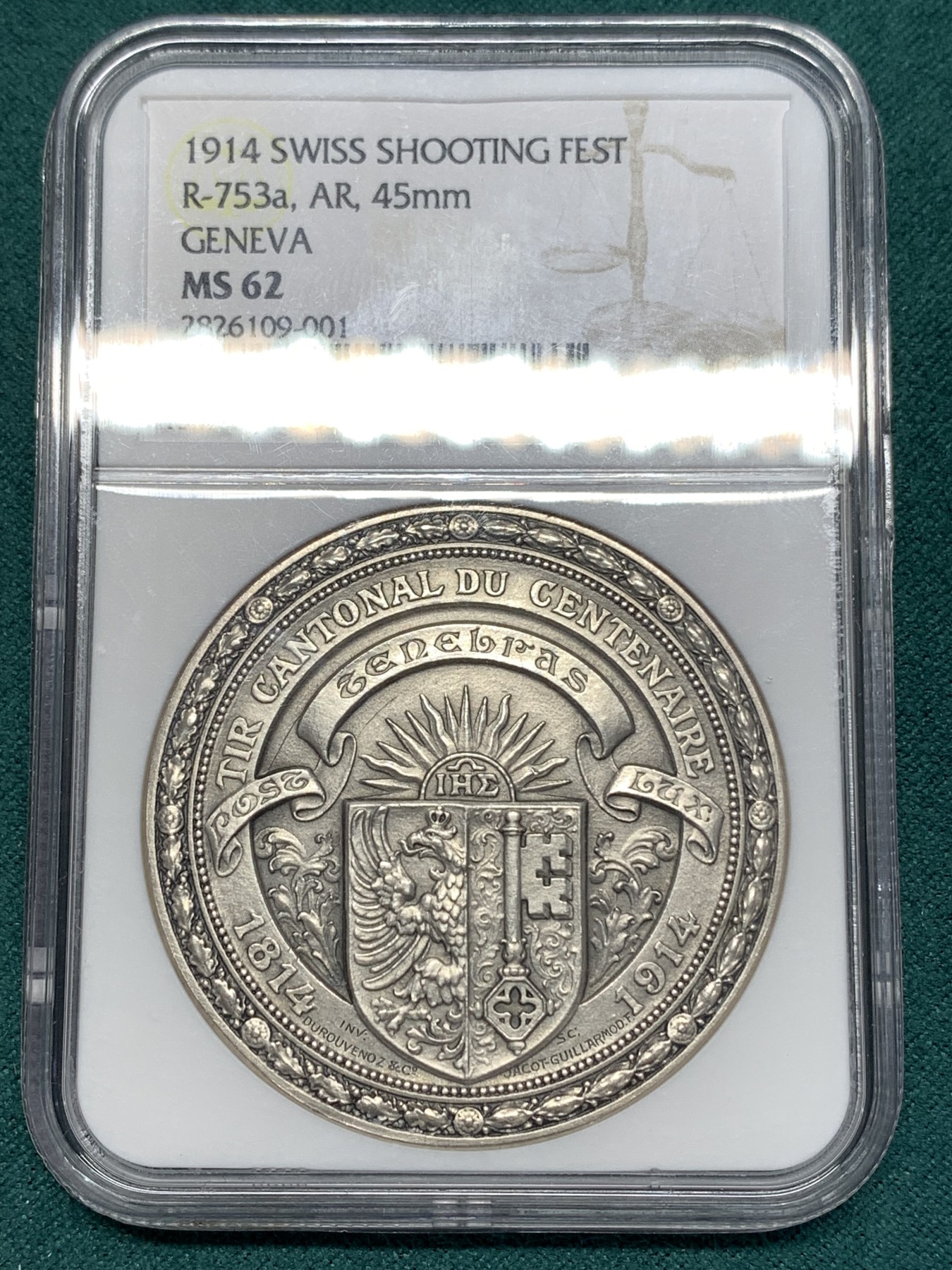 《竞宝斋》第186场-周日，周一 2场 (全场包邮) NGC-MS62 瑞士 1914年 日内瓦射击节 45mm 大银章 设计漂亮 细节满满