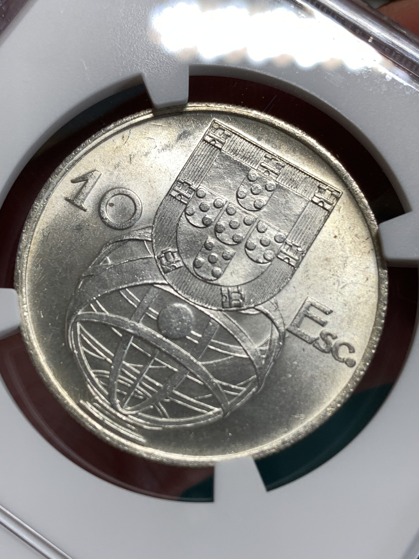 《竞宝斋》第186场-周日，周一 2场 (全场包邮) NGC MS63 葡萄牙 1955 10E 大帆船银币 淡彩包浆 漂亮的