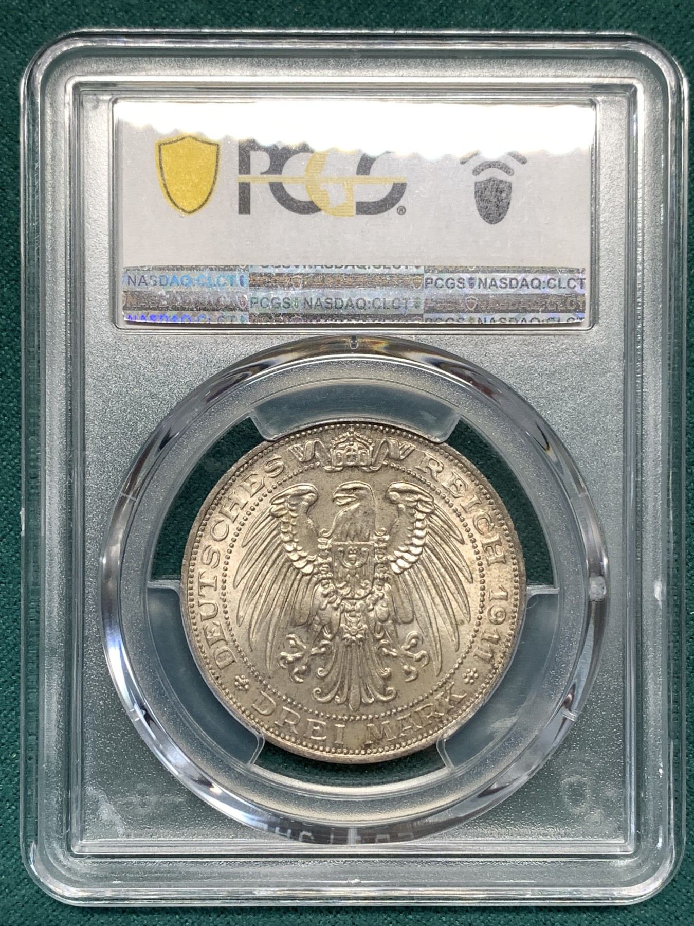 《竞宝斋》第186场-周日，周一 2场 (全场包邮) PCGS-MS65 德国普鲁士 1911年 布雷斯劳大学 3马克 高分仅十余枚