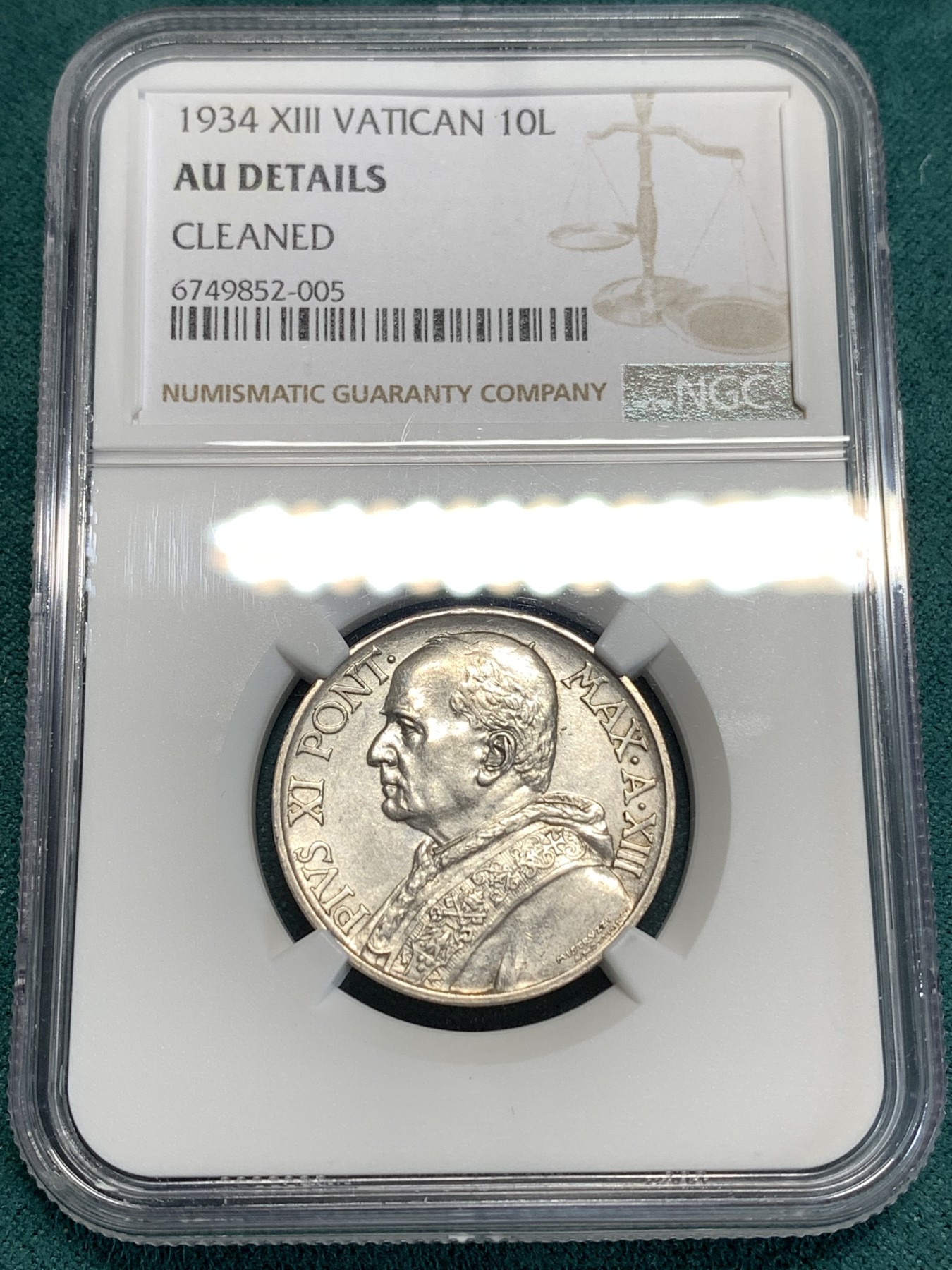 《竞宝斋》第186场-周日，周一 2场 (全场包邮) NGC-AUD 1934年梵蒂冈早期10里拉银币，少见年份非常见1930版