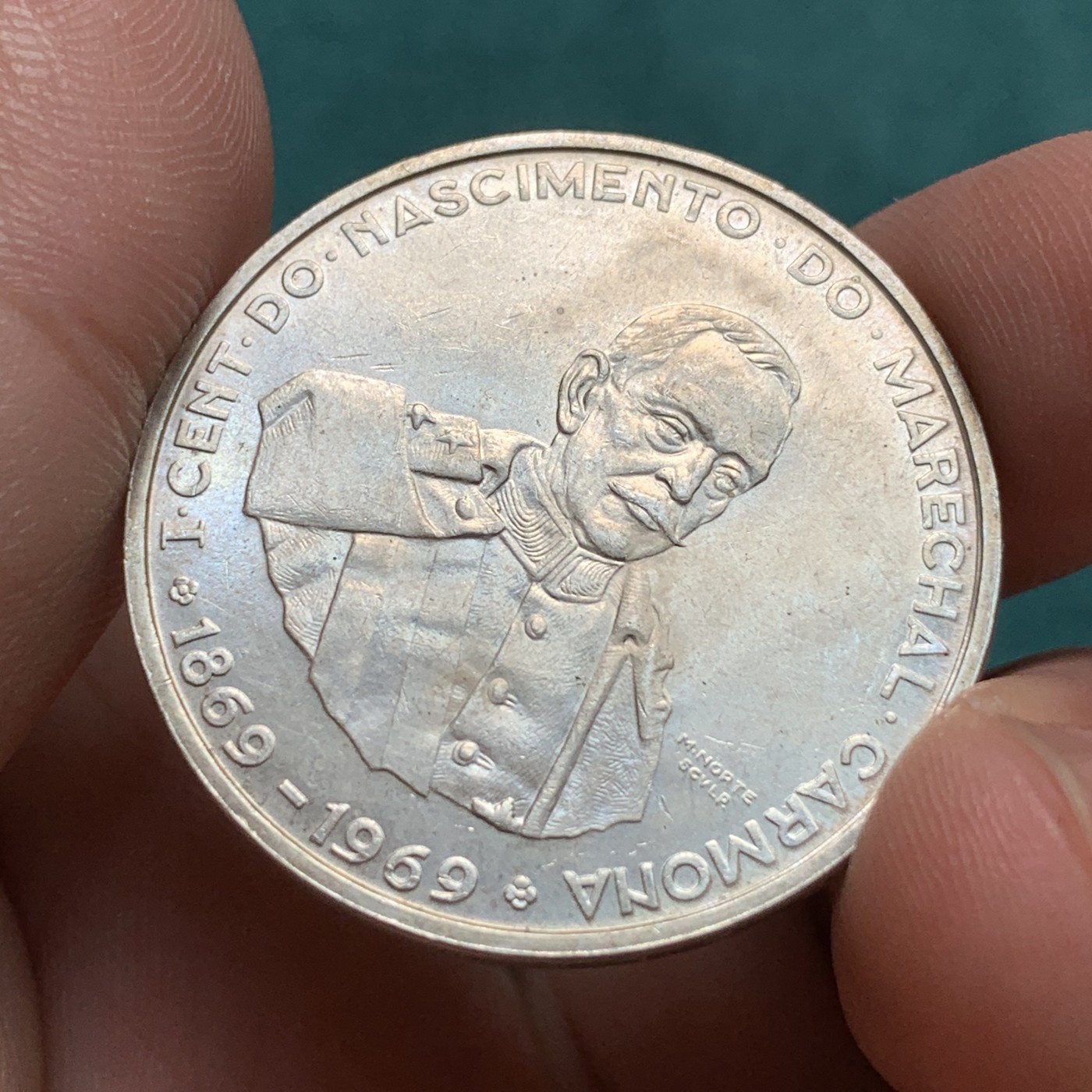 《竞宝斋》第186场-周日，周一 2场 (全场包邮) 葡萄牙1969年卡尔莫纳总统（1928～1951在位）百年诞辰纪念50埃斯库多银币