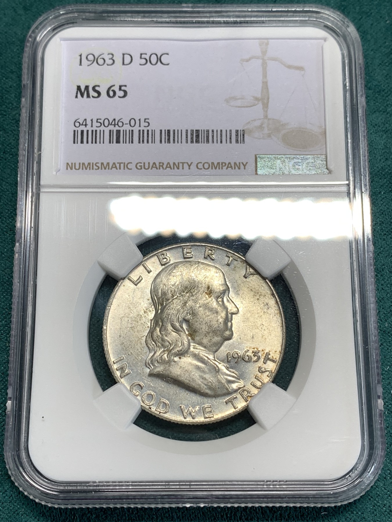 《竞宝斋》第186场-周日，周一 2场 (全场包邮) NGC MS65 1963年D版美国富兰克林50分，普制版本上65分很难得