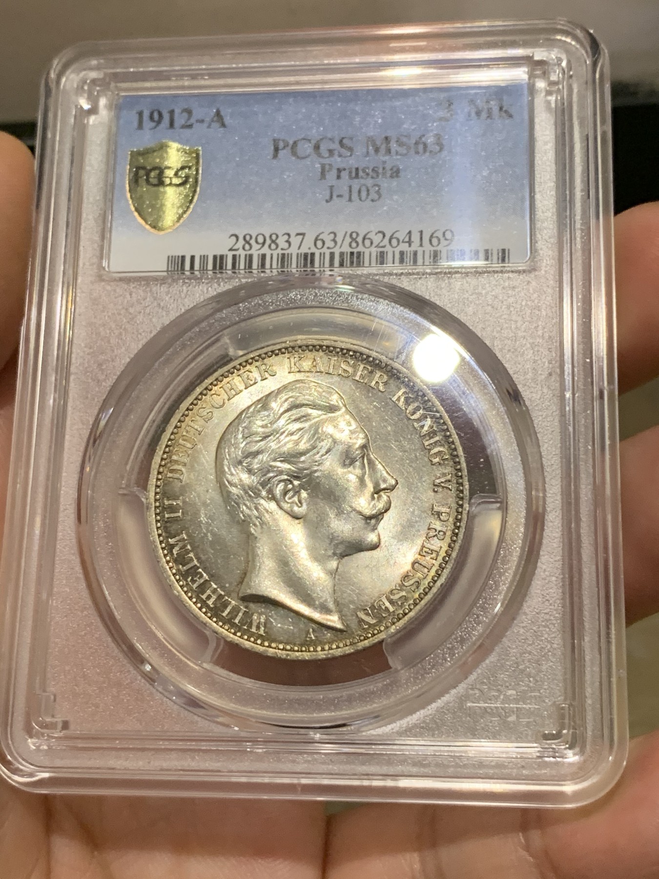 《竞宝斋》第186场-周日，周一 2场 (全场包邮) PCGS-MS63 德国普鲁士 1912年 威廉二世3马克 超炫转光