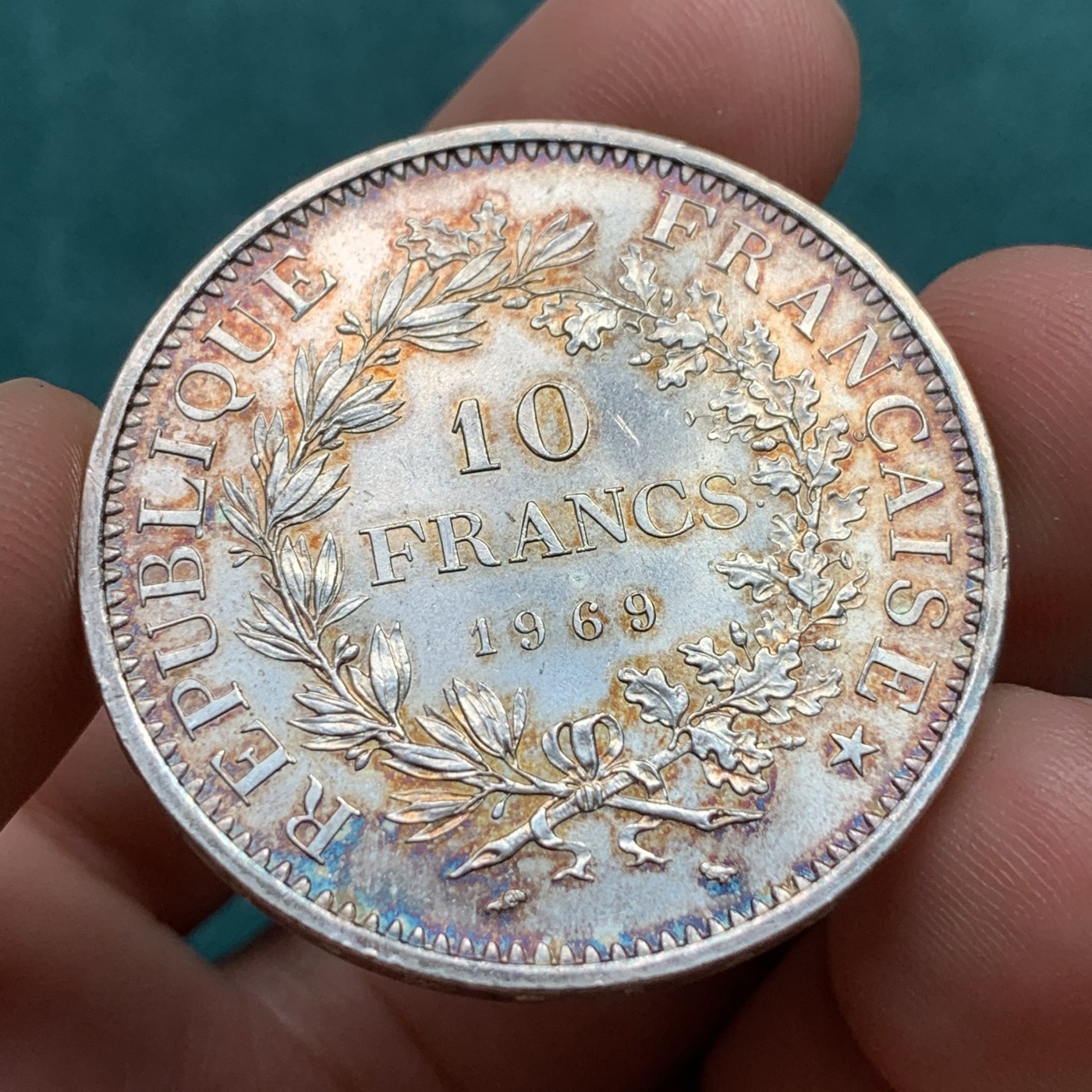 《竞宝斋》第186场-周日，周一 2场 (全场包邮) 1969年 法国 大力神 10法郎 原光大银币 包浆漂亮