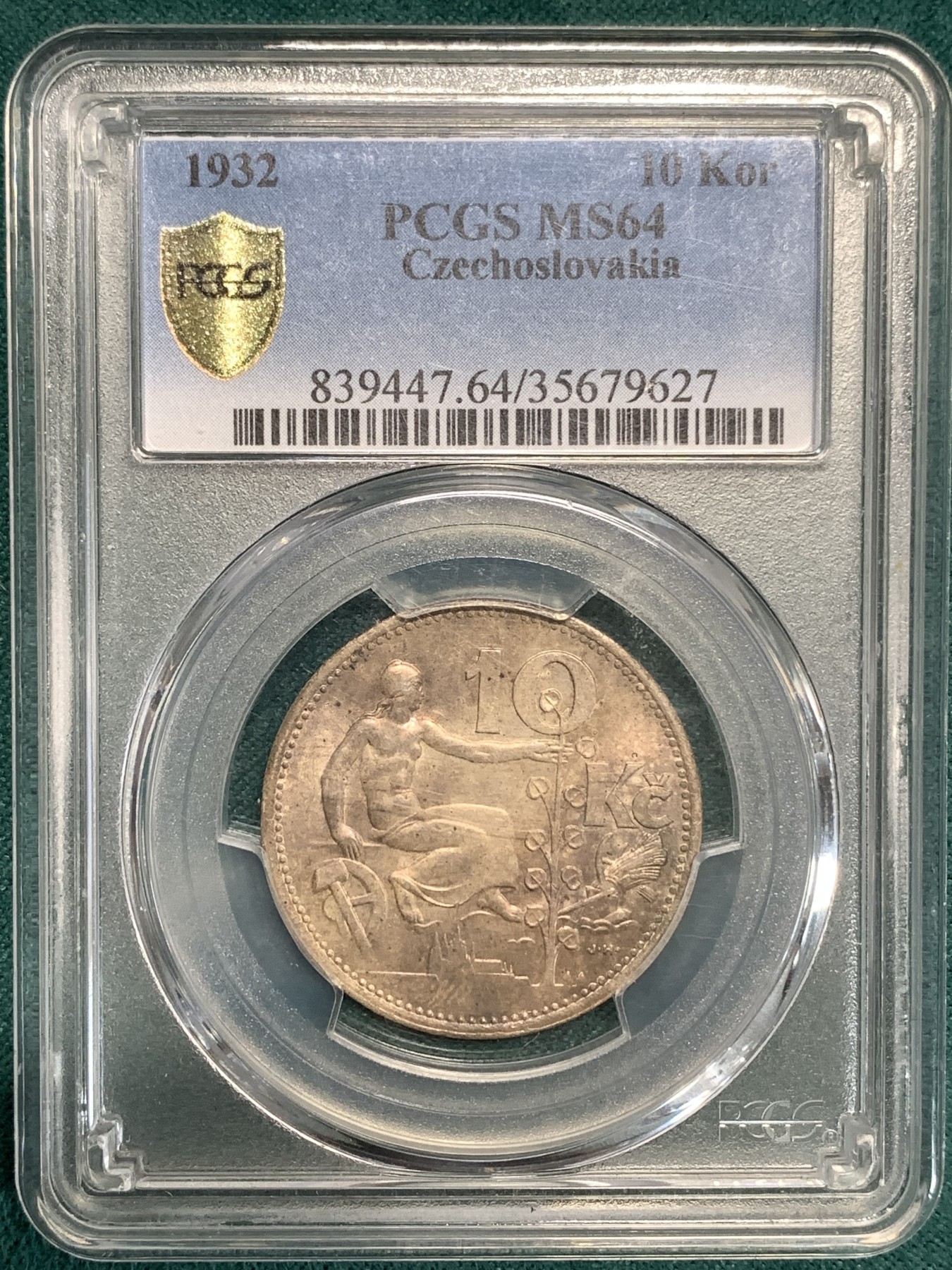 《竞宝斋》第186场-周日，周一 2场 (全场包邮) PCGS-MS64 冠军分 1932年 捷克斯洛伐克10克朗银币，植树女神。紫罗兰深彩包浆，高分好彩，顶级冠军品质