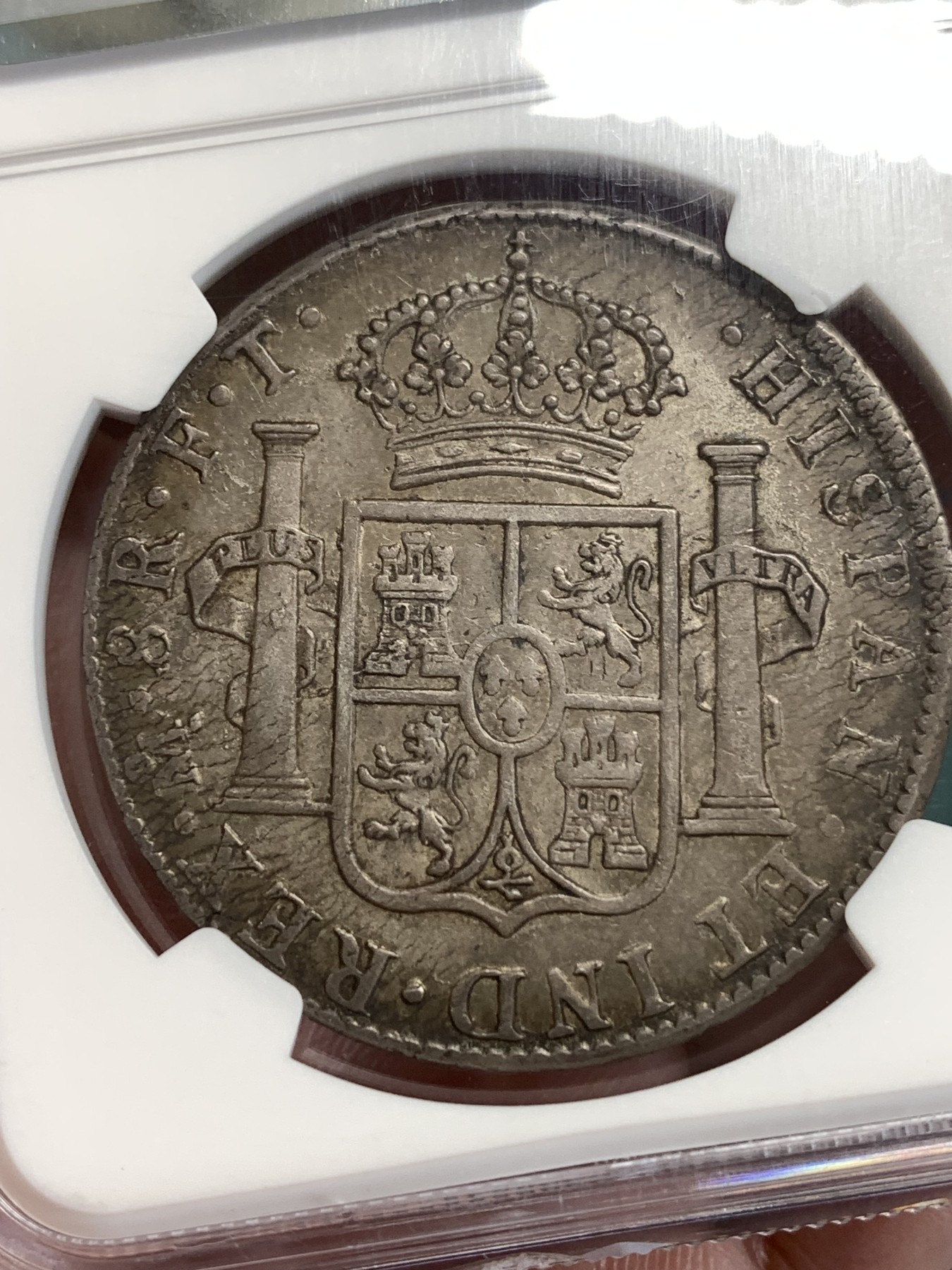 《竞宝斋》第186场-周日，周一 2场 (全场包邮) NGC-AU53 西属墨西哥 卡四 双柱 1803 MO FT 8瑞尔 原味重彩