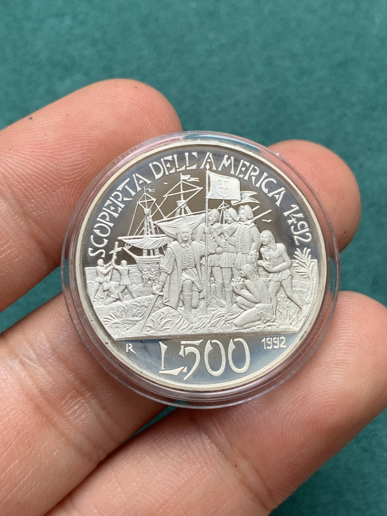 《竞宝斋》第186场-周日，周一 2场 (全场包邮) 原盒证书意大利1992年500里 拉哥伦布发现美洲纪念精制银币