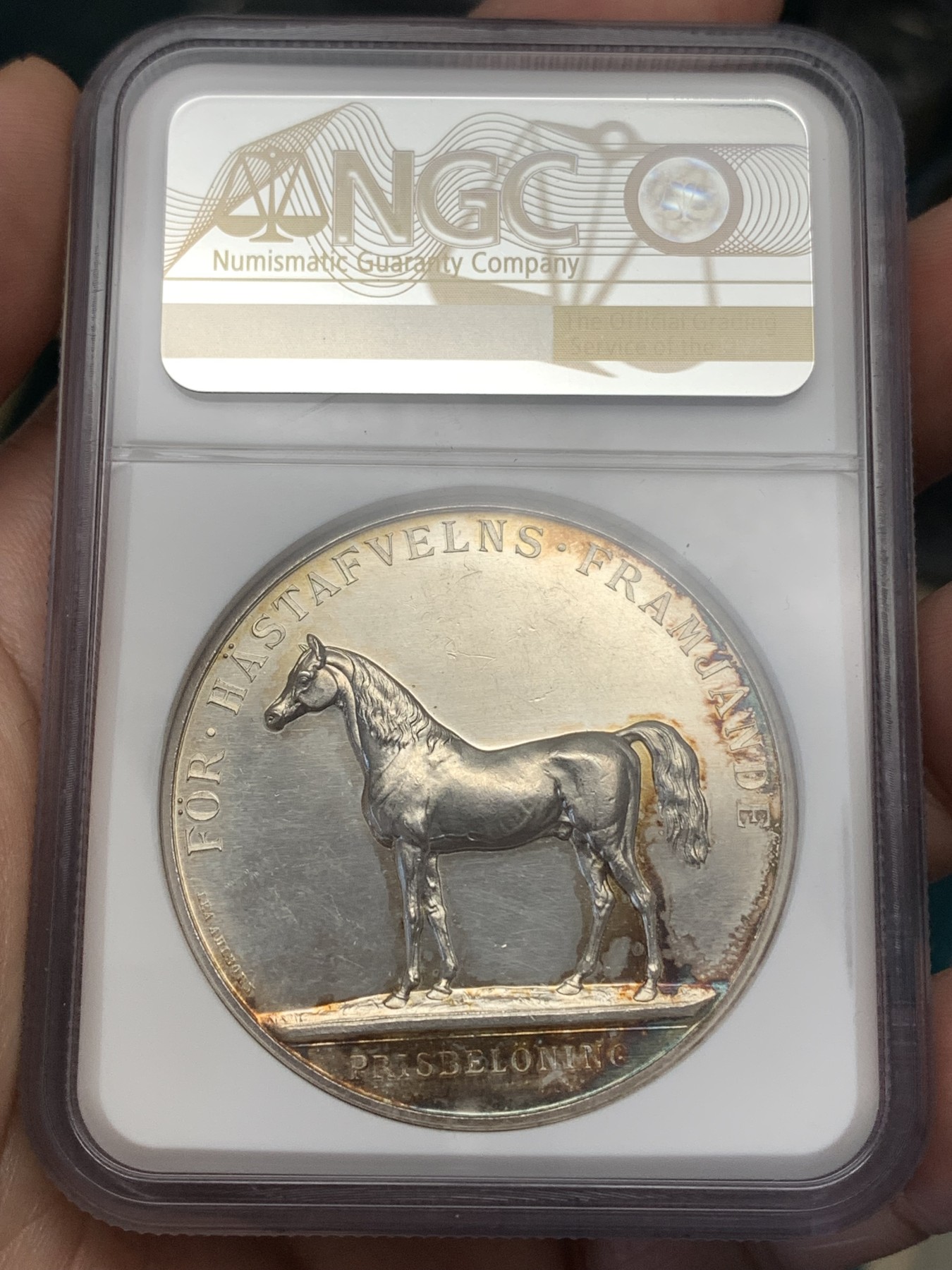 《竞宝斋》第186场-周日，周一 2场 (全场包邮) NGC MS62 瑞典 1927年左右 古斯塔夫五世 骏马育种银质奖章 五彩包浆 加厚盒装 细节精细不可多得