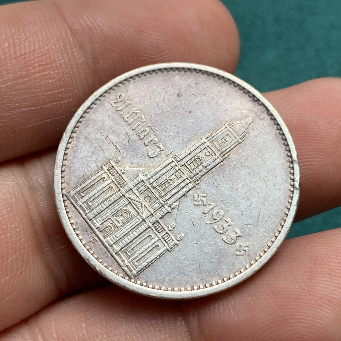 《竞宝斋》第186场-周日，周一 2场 (全场包邮) 1934年德国波茨坦教堂加字5马克银币