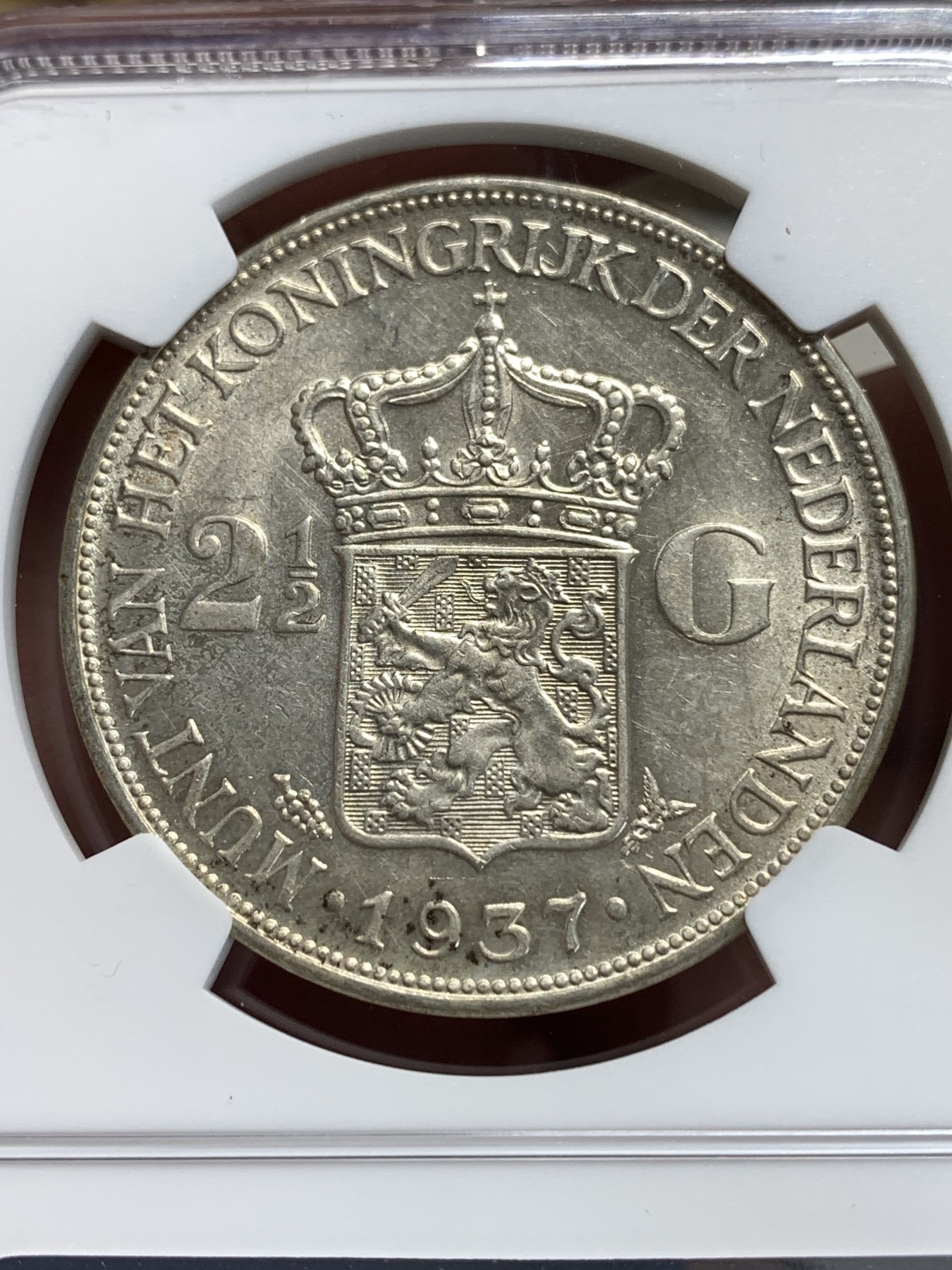 《竞宝斋》第186场-周日，周一 2场 (全场包邮) NGC MS61 荷兰1937年 威廉明娜 2.5盾 大银币 感觉分低了