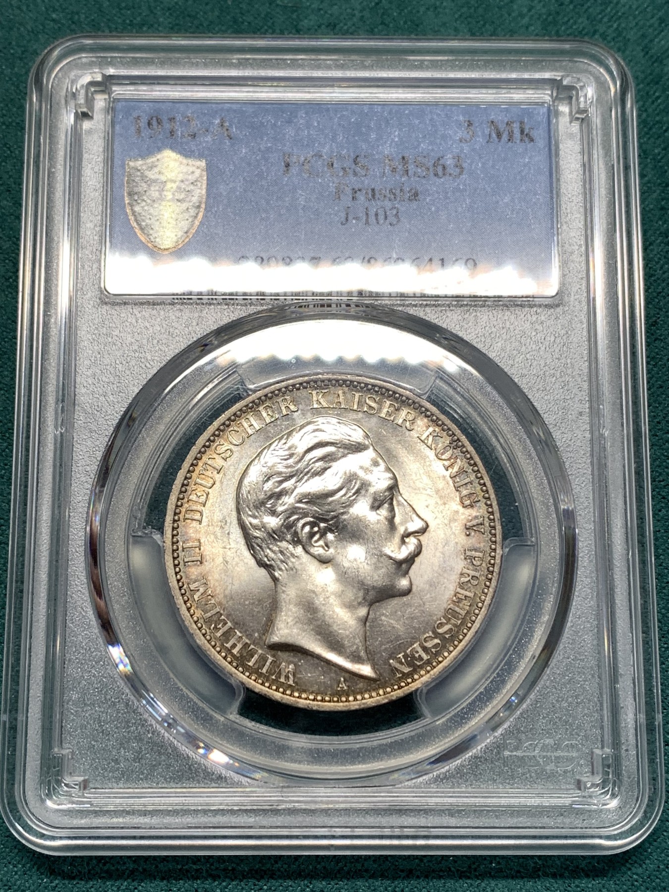 《竞宝斋》第186场-周日，周一 2场 (全场包邮) PCGS-MS63 德国普鲁士 1912年 威廉二世3马克 超炫转光