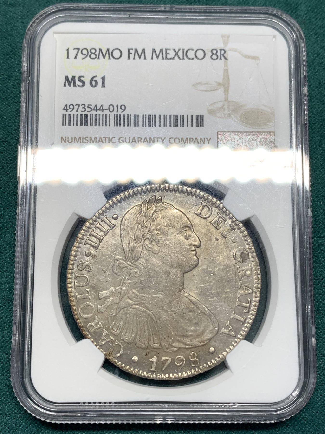 《竞宝斋》第186场-周日，周一 2场 (全场包邮) NGC-MS61 西属墨西哥 卡四 双柱 1798 MO FM 8瑞尔 大银币 外拍疯涨