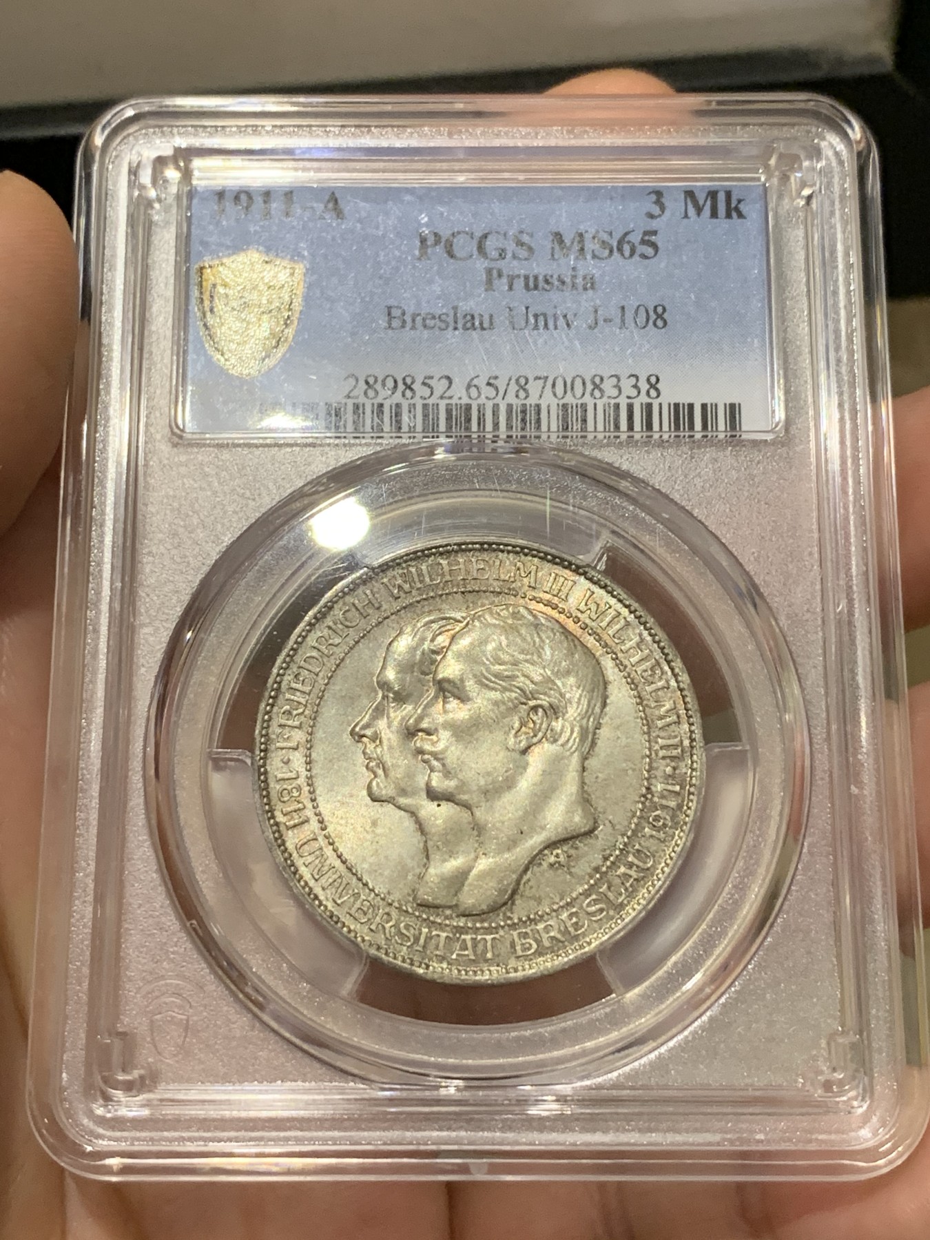 《竞宝斋》第186场-周日，周一 2场 (全场包邮) PCGS-MS65 德国普鲁士 1911年 布雷斯劳大学 3马克 高分仅十余枚