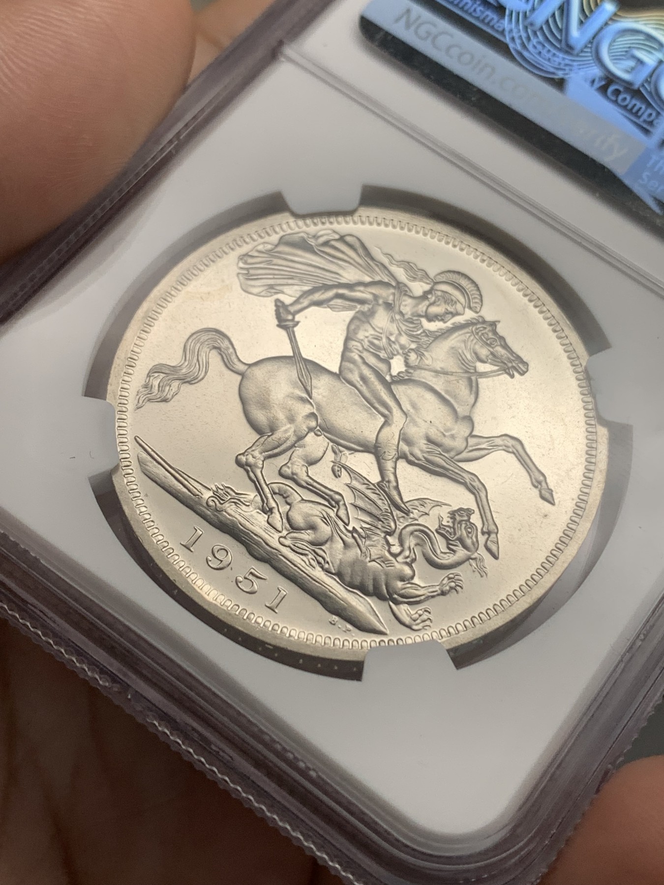 《竞宝斋》第186场-周日，周一 2场 (全场包邮) NGC-PL63 英国 1951年 1克朗 乔治六世 最后的马剑 镜面底板 品相好 非常靓