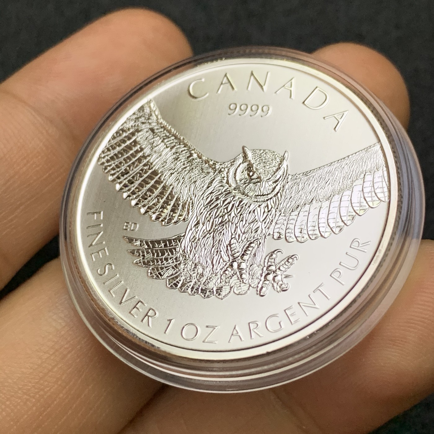 《竞宝斋》第186场-周日，周一 2场 (全场包邮) 加拿大 2015年 猛禽系列 大角猫头鹰 1盎司银币 31.1克 9999银 少见品种