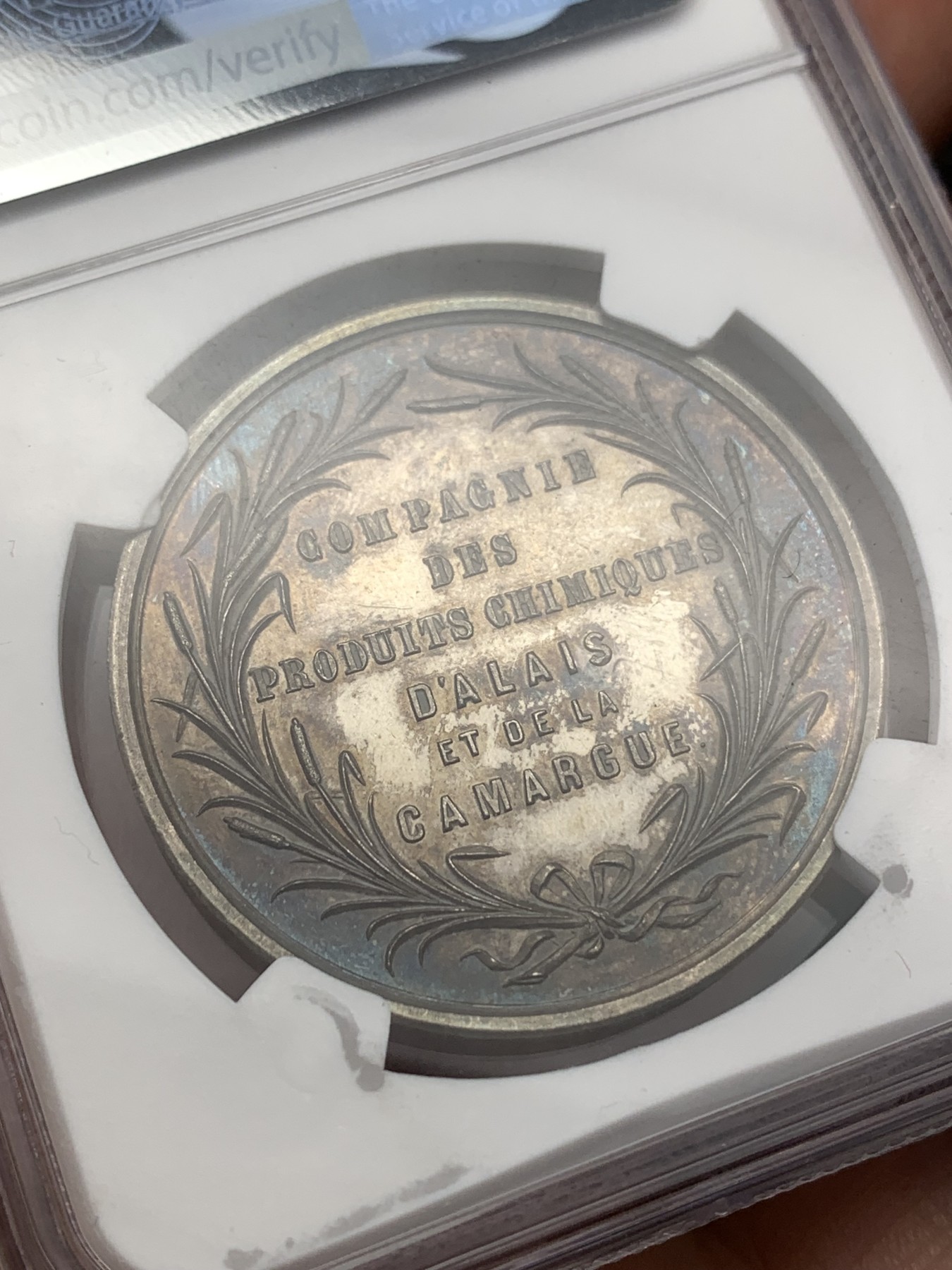 《竞宝斋》第186场-周日，周一 2场 (全场包邮) NGC MS61 法国19世纪卡马尔格化工银质代用币 五彩包浆 低评 37mm大规格