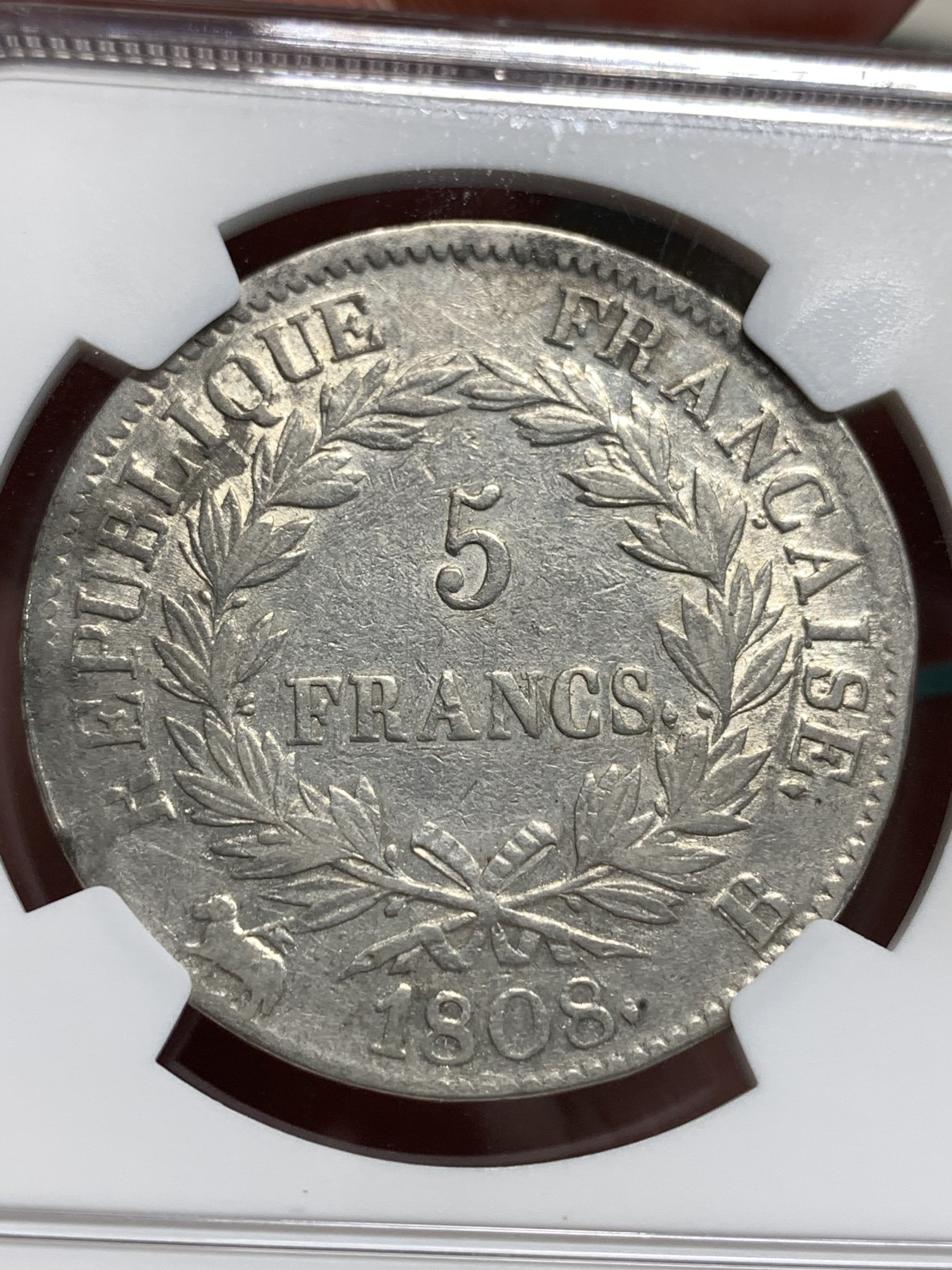 《竞宝斋》第186场-周日，周一 2场 (全场包邮) NGC VF 法国1808年 拿破仑一世 5法郎银币 不多的年份 B厂也少见