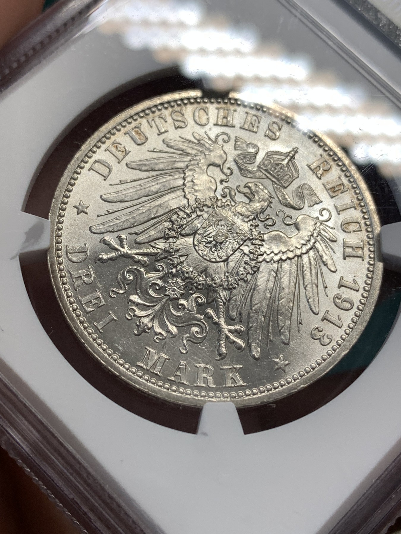 《竞宝斋》第186场-周日，周一 2场 (全场包邮) NGC-MS62 德国1913年 普鲁士 威廉二世登基25周年纪念3马克银币，转光极强