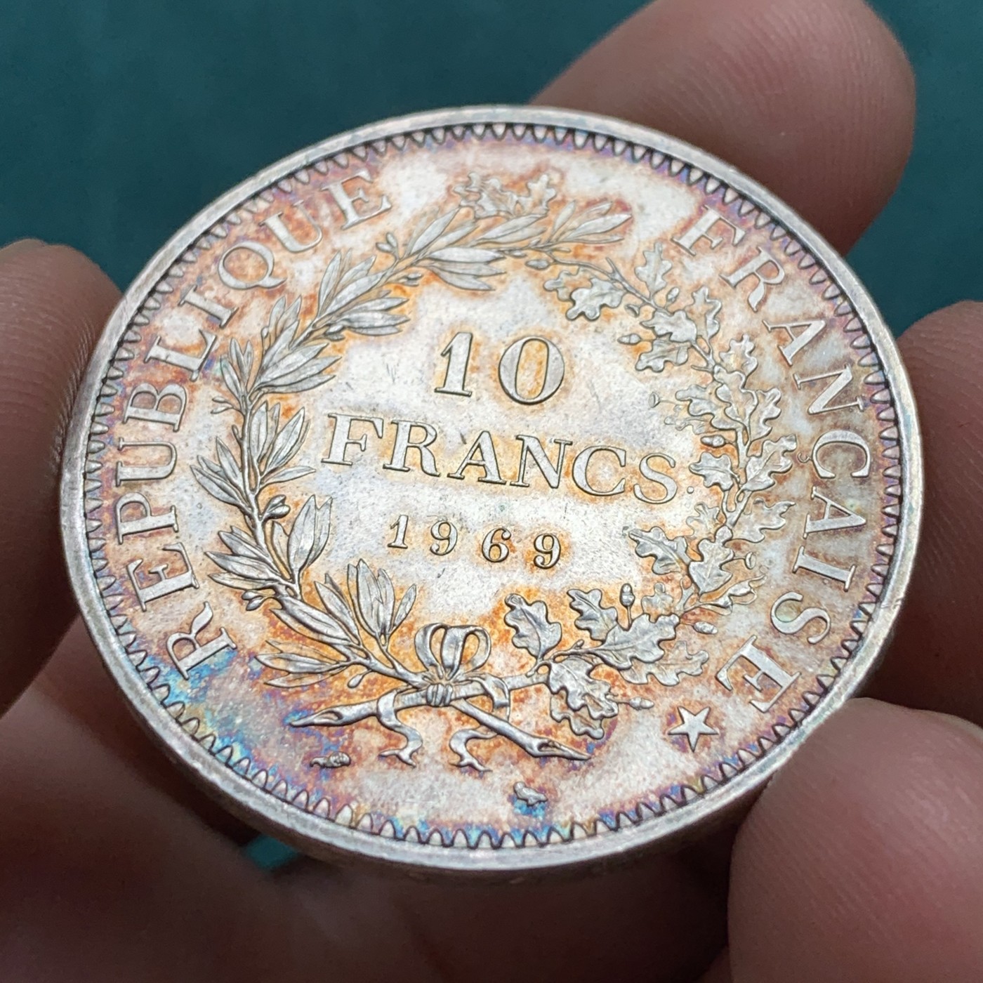 《竞宝斋》第186场-周日，周一 2场 (全场包邮) 1969年 法国 大力神 10法郎 原光大银币 包浆漂亮