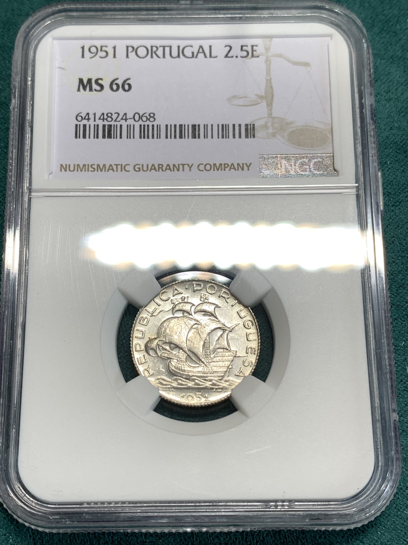 《竞宝斋》第186场-周日，周一 2场 (全场包邮) NGC MS66 葡萄牙1951大帆船 2.5埃斯库多银币