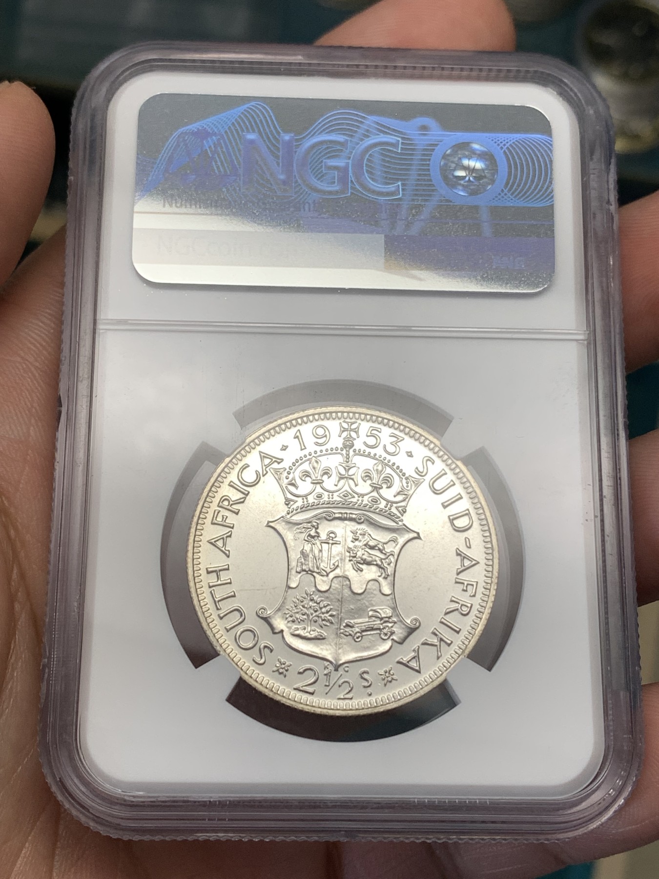 《竞宝斋》第186场-周日，周一 2场 (全场包邮) NGC-PF65 1953年南非伊丽莎白二世加冕首年半克朗精制银币