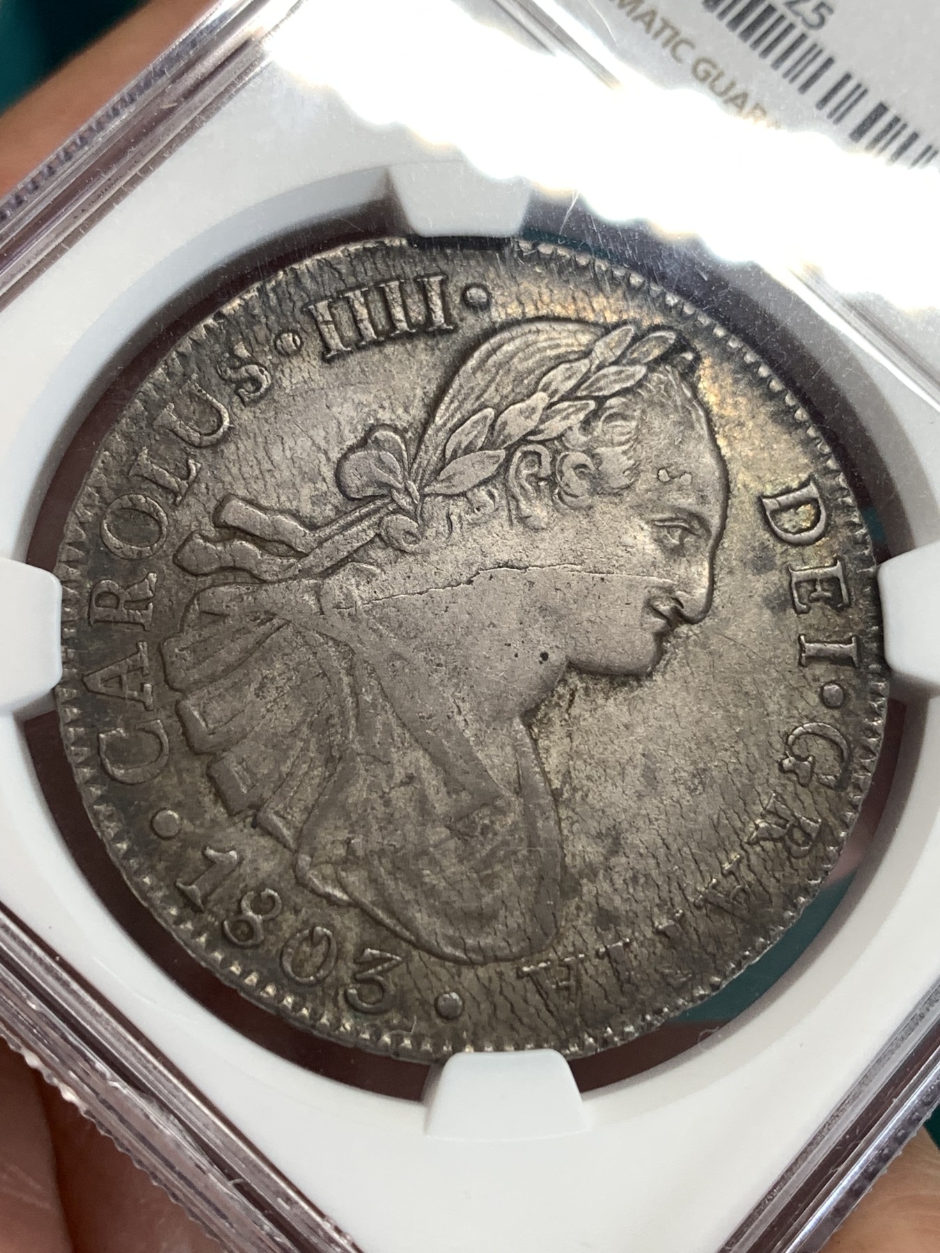 《竞宝斋》第186场-周日，周一 2场 (全场包邮) NGC-AU53 西属墨西哥 卡四 双柱 1803 MO FT 8瑞尔 原味重彩