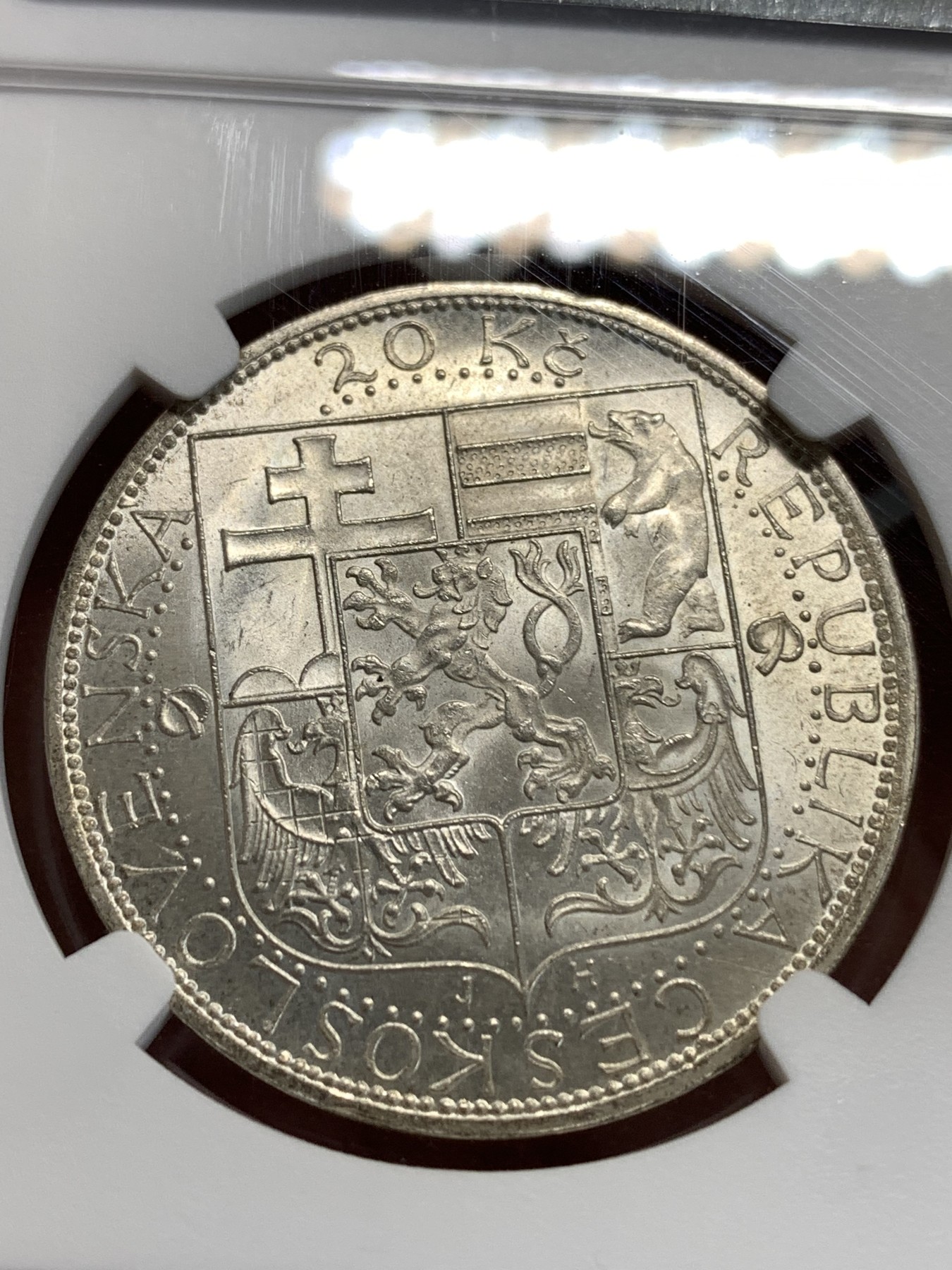 《竞宝斋》第186场-周日，周一 2场 (全场包邮) NGC MS65 1937捷克斯洛伐克 总统马萨里克20克朗银币 高分少见