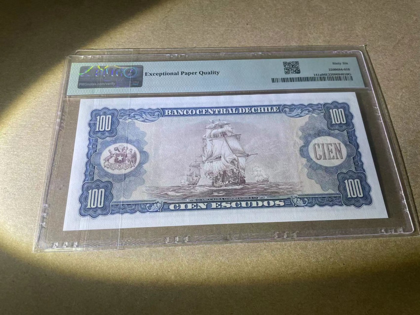 【Blue Auction】✨世界纸币精拍第354期——布克哈特【精】 智利 1962-75年100埃斯库多 PMG66EPQ 航海船队