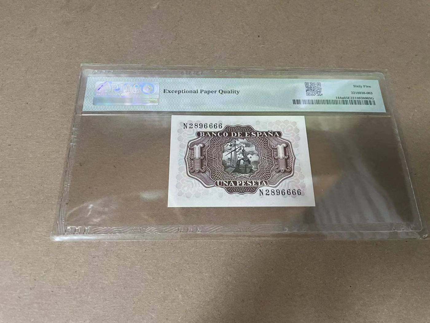 【Blue Auction】✨世界纸币精拍第354期——布克哈特【精】 【6666狮子号无47】西班牙 1953年1比塞塔 PMG65EPQ 