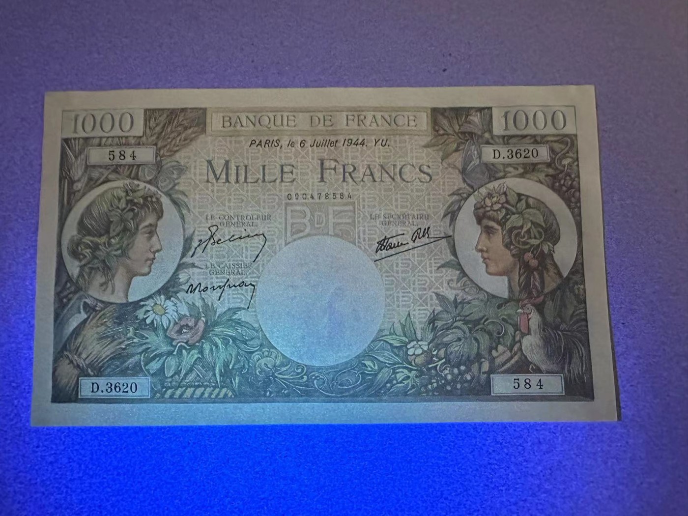 【Blue Auction】✨世界纸币精拍第354期——布克哈特【精】 法国 1944年1000法郎  大票幅 设计精美 墨丘利 全新UNC 优质号段