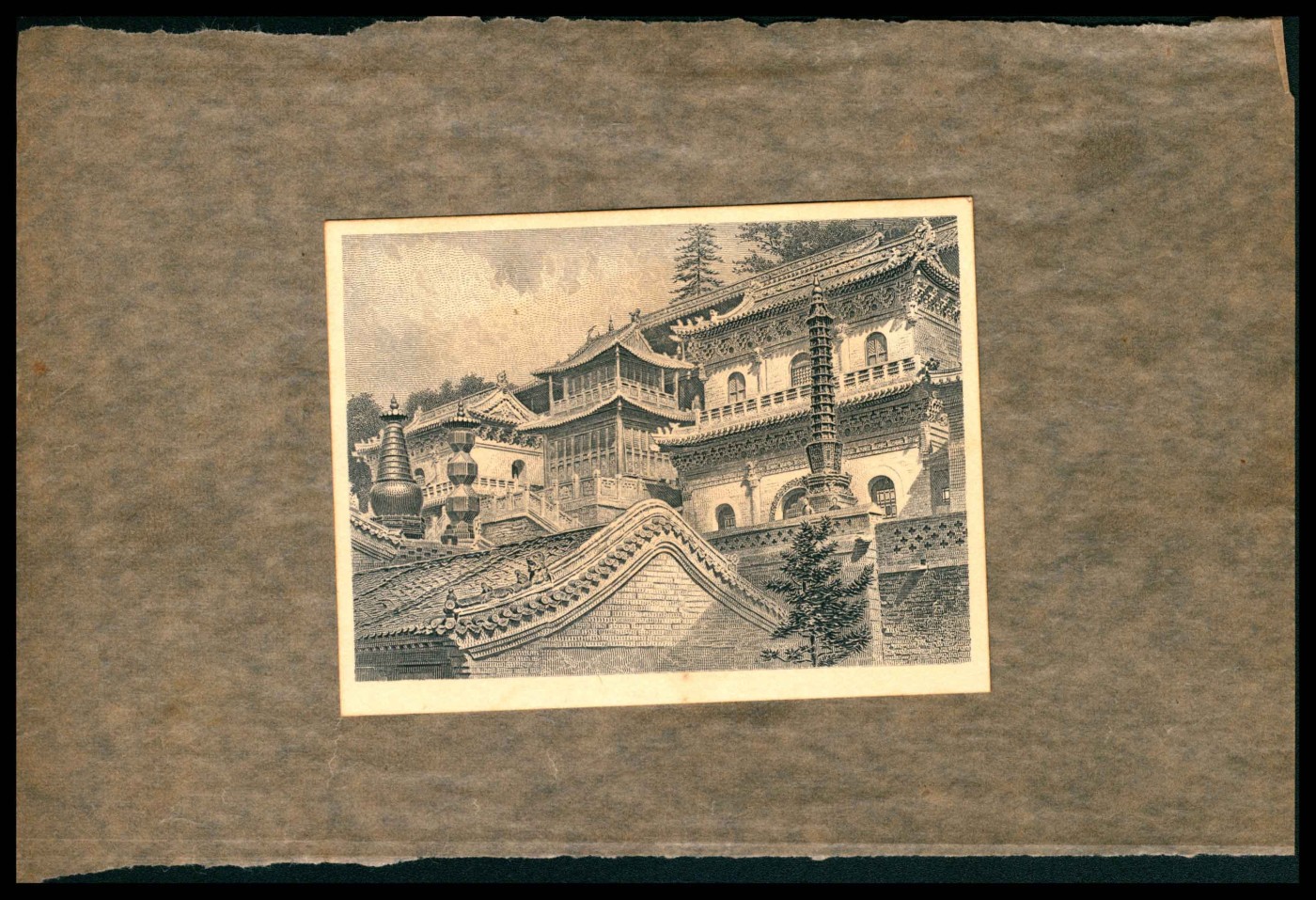 太藏纸币第三期 雕刻版印样-五台山铜殿，山西省银行主图，为民国时期美鈔公司存档雕刻版印样贴于薄纸上，九品