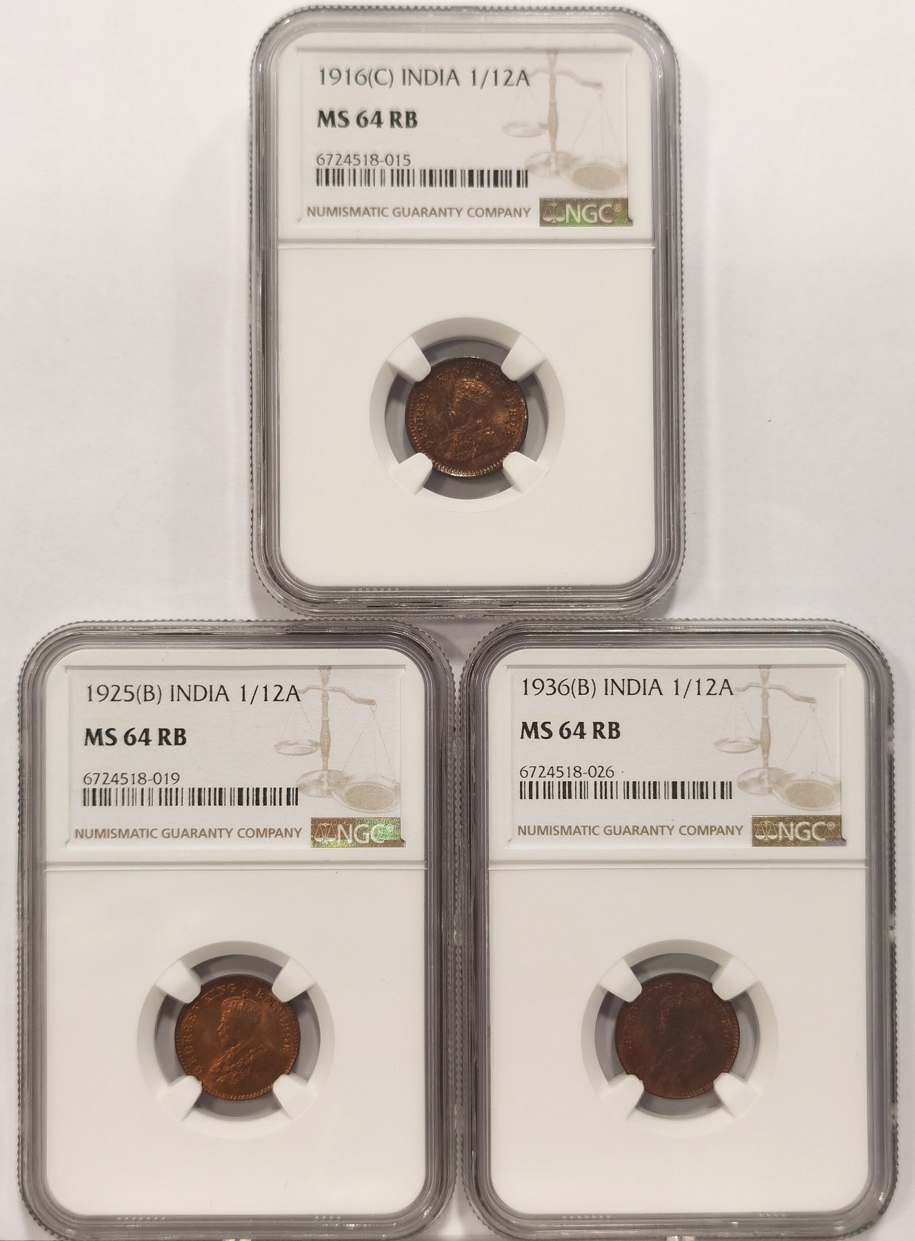 博洋堂世界钱币拍卖第037期（全场包邮） NGC MS64RB 英属印度1916C、1925B、1936B乔五不同时期1/12安娜铜币三枚一组，难得同分，红铜光饱满漂亮