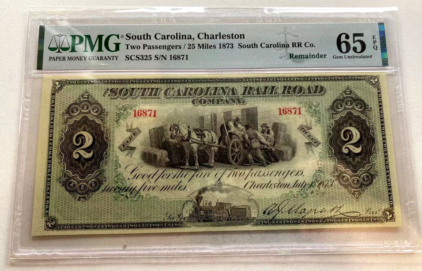 【Blue Auction】✨世界纸币精拍第354期——布克哈特【精】 【带签名实钞】美国 南卡州 1873年2美金 PMG65EPQ 正反面雕刻精美 大票幅绿钞