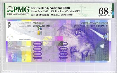 【Blue Auction】✨世界纸币精拍第354期——布克哈特【精】 -  【无47 b版 仅1张更高分 亚军分仅2张】瑞士 1999年1000法郎 PMG68EPQ 超高分 保值增值 瑞士艺术史学家杰克伯·布克哈特 