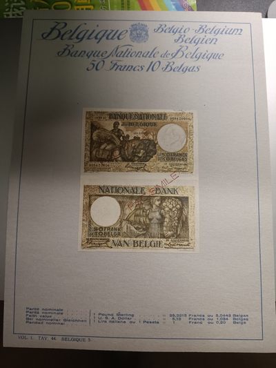 【专场20230816】八月天字丙号拍——世界钞/币专场 - 【拍品004】比利时1930版50法郎（10比尔加）1:5等比例柜员用识别票样附各国汇率UNC-边微损，稀少