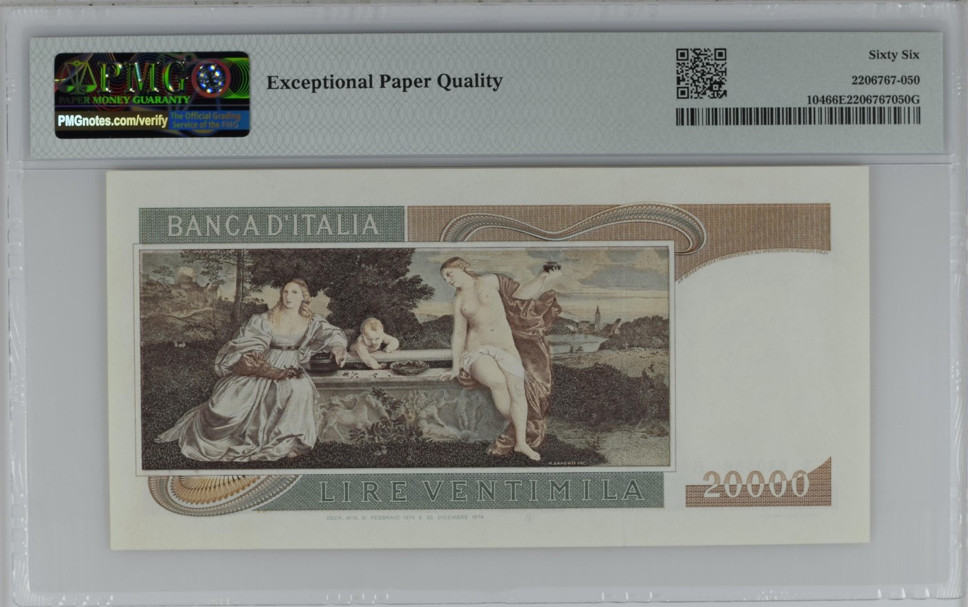 收藏联盟Quantum Auction 第279期拍卖  意大利1975年20000里拉 PMG66 AA冠 提香名画《天上的爱和人间的爱》